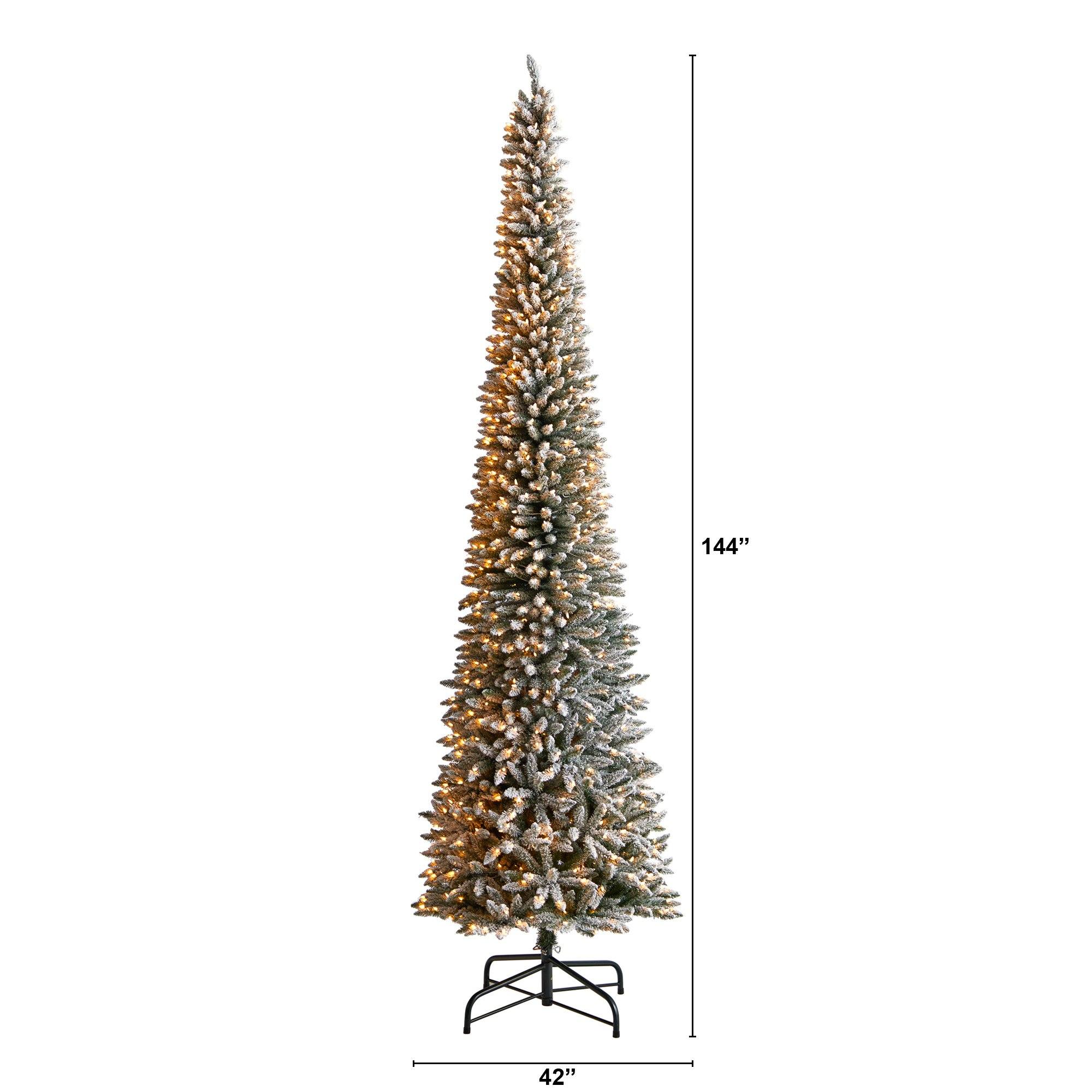 12' Flocked Pencil Artificial Christmas Tree with 1000 Clear Lights and 1819 Bendable Branches