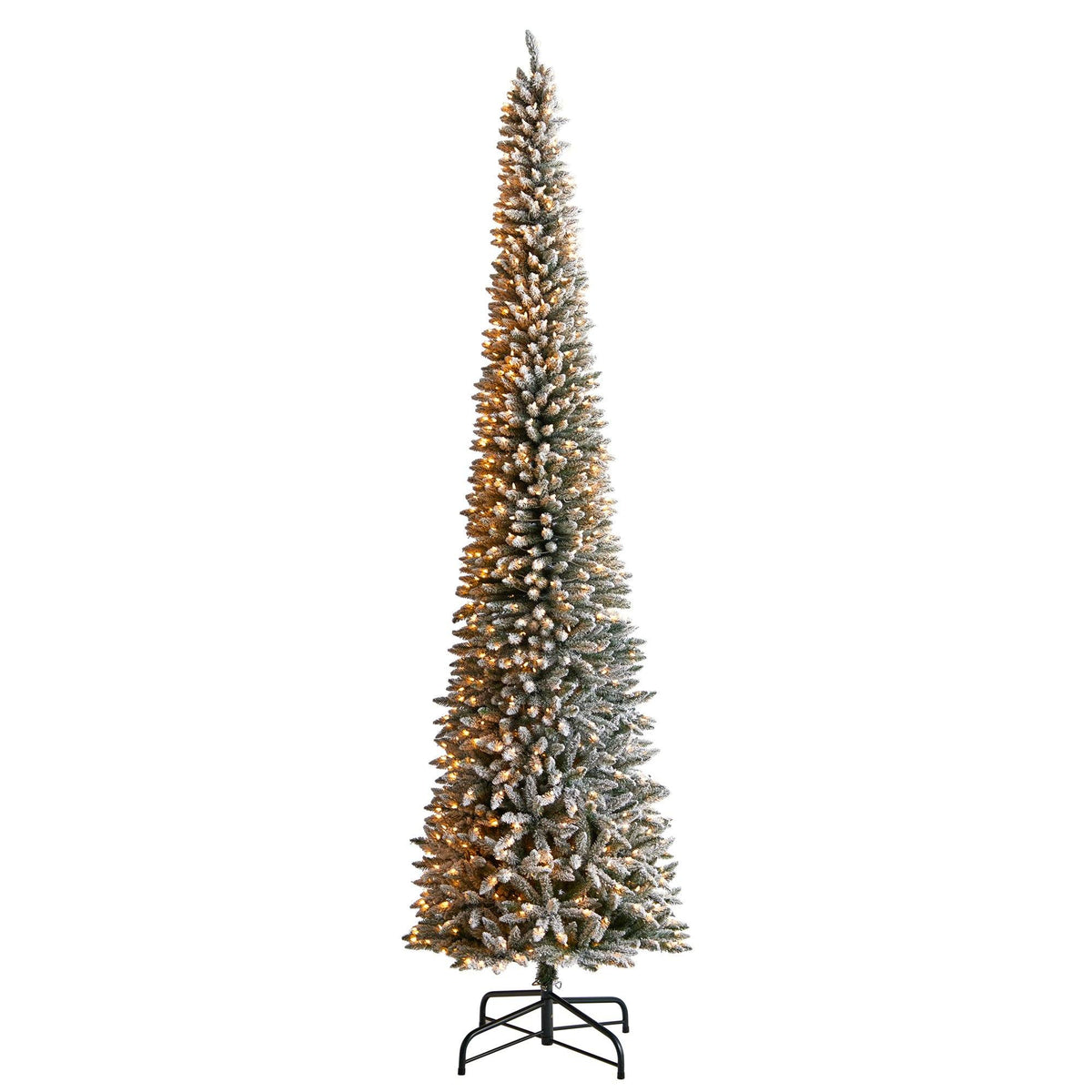 12' Flocked Pencil Artificial Christmas Tree with 1000 Clear Lights and 1819 Bendable Branches