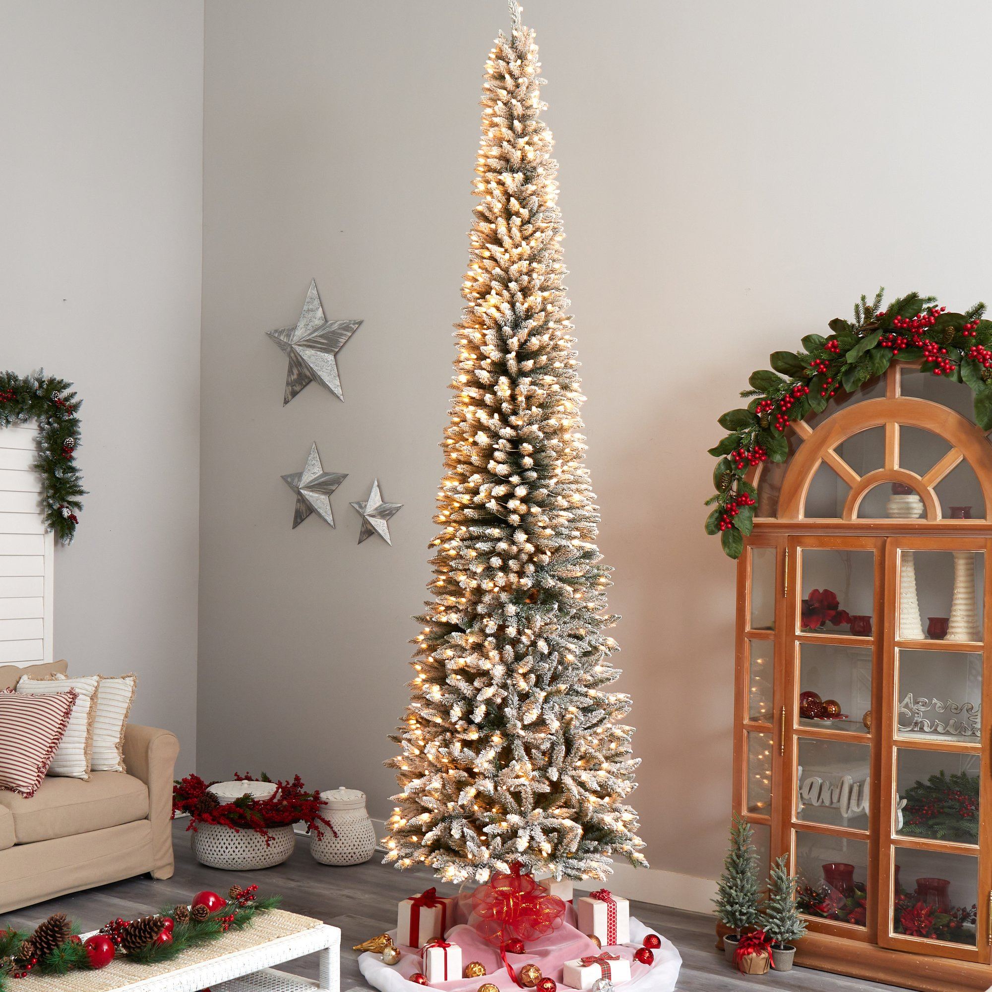 12' Flocked Pencil Artificial Christmas Tree with 1000 Clear Lights and 1819 Bendable Branches