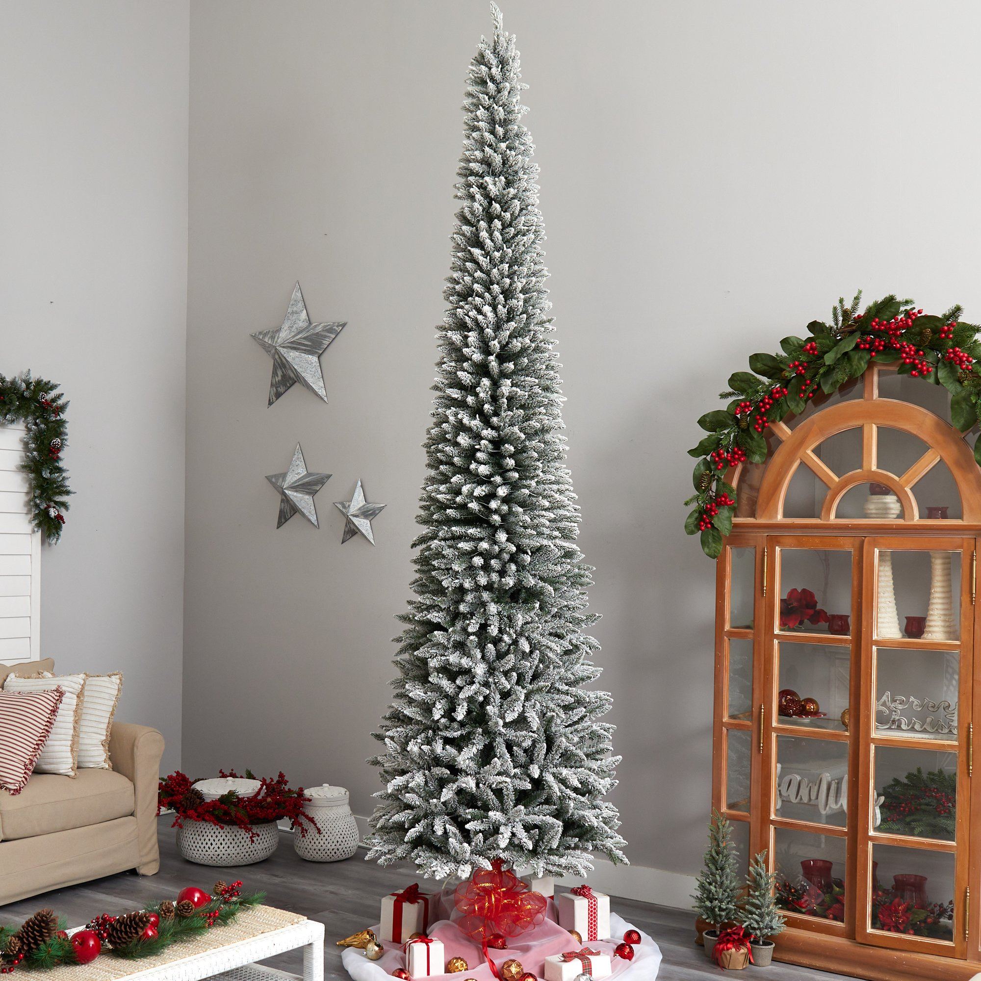 12' Flocked Pencil Artificial Christmas Tree with 1000 Clear Lights and 1819 Bendable Branches
