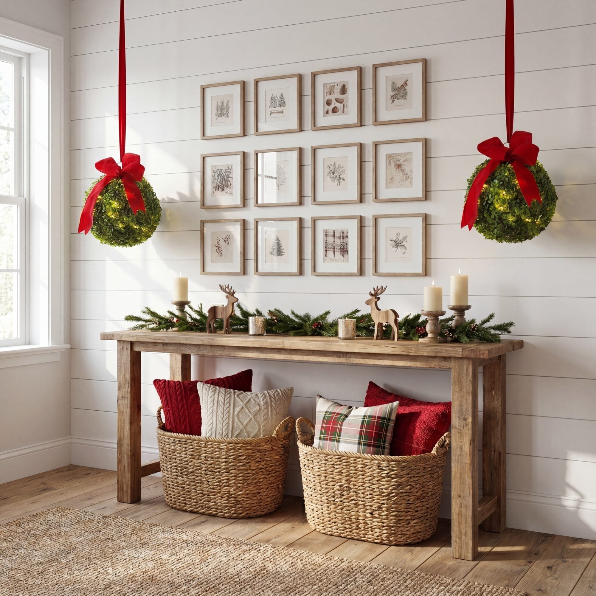 12" Pre-Lit Artificial Christmas Hanging Boxwood Ornament Ball with Red Bow and 40 LED Lights