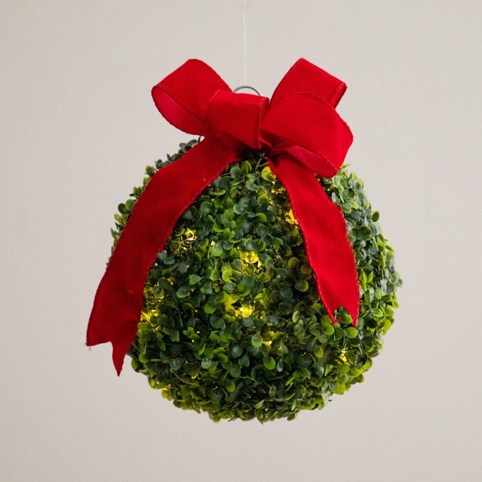 12" Pre-Lit Artificial Christmas Hanging Boxwood Ornament Ball with Red Bow and 40 LED Lights