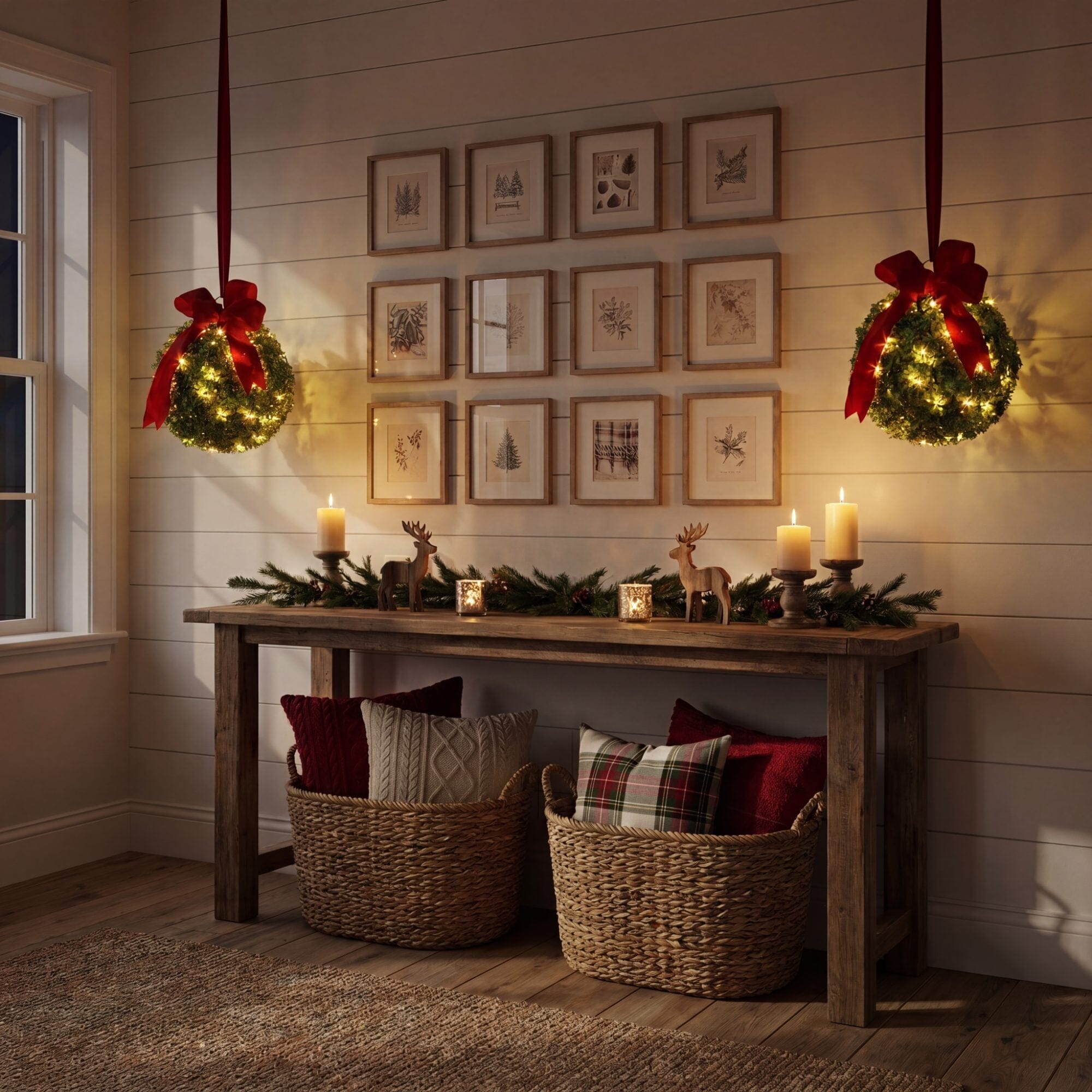12" Pre-Lit Artificial Christmas Hanging Boxwood Ornament Ball with Red Bow and 40 LED Lights