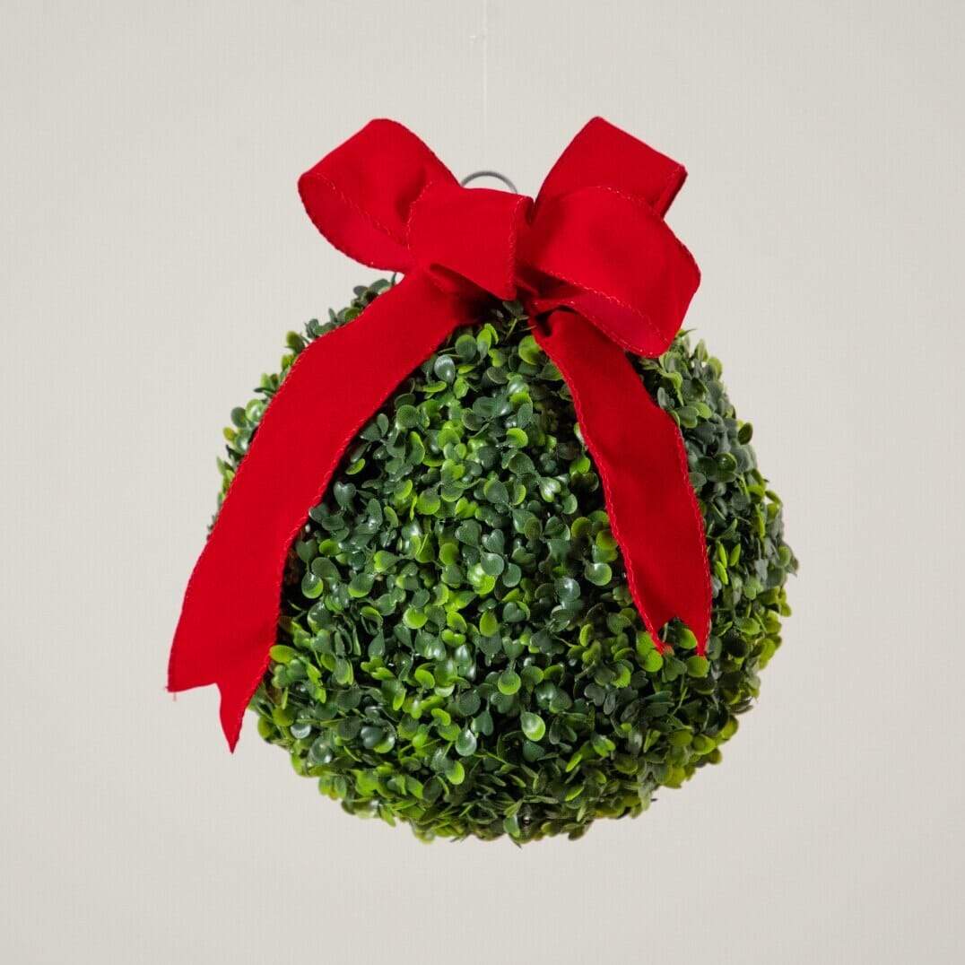 12" Pre-Lit Artificial Christmas Hanging Boxwood Ornament Ball with Red Bow and 40 LED Lights