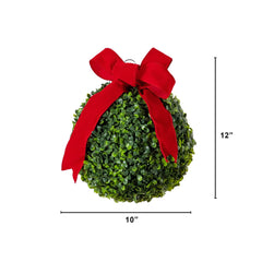 12" Pre-Lit Artificial Christmas Hanging Boxwood Ornament Ball with Red Bow and 40 LED Lights