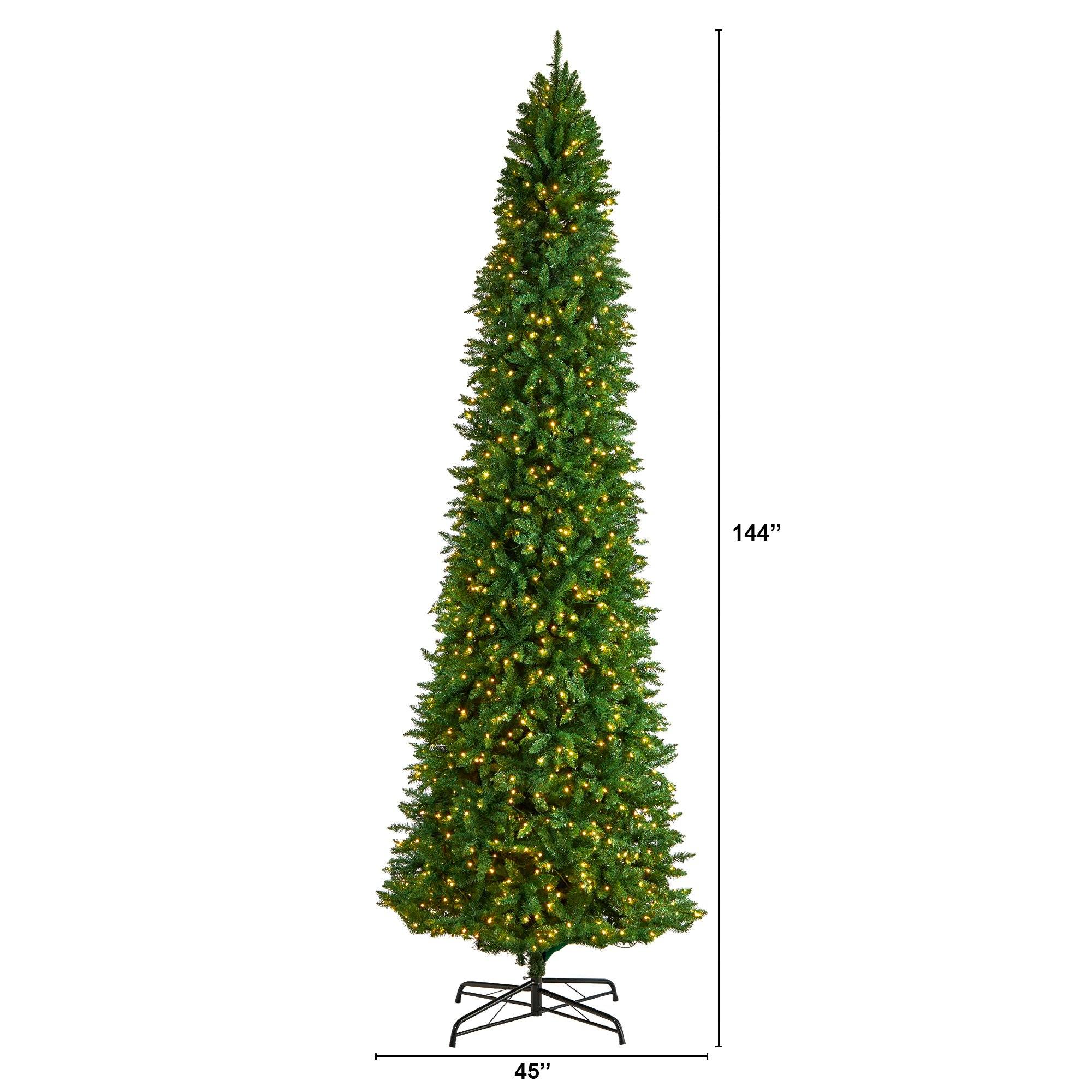 12' Slim Green Mountain Pine Artificial Christmas Tree with 1100 Clear LED Lights and 3235 Tips