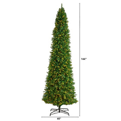 12' Slim Green Mountain Pine Artificial Christmas Tree with 1100 Clear LED Lights and 3235 Tips