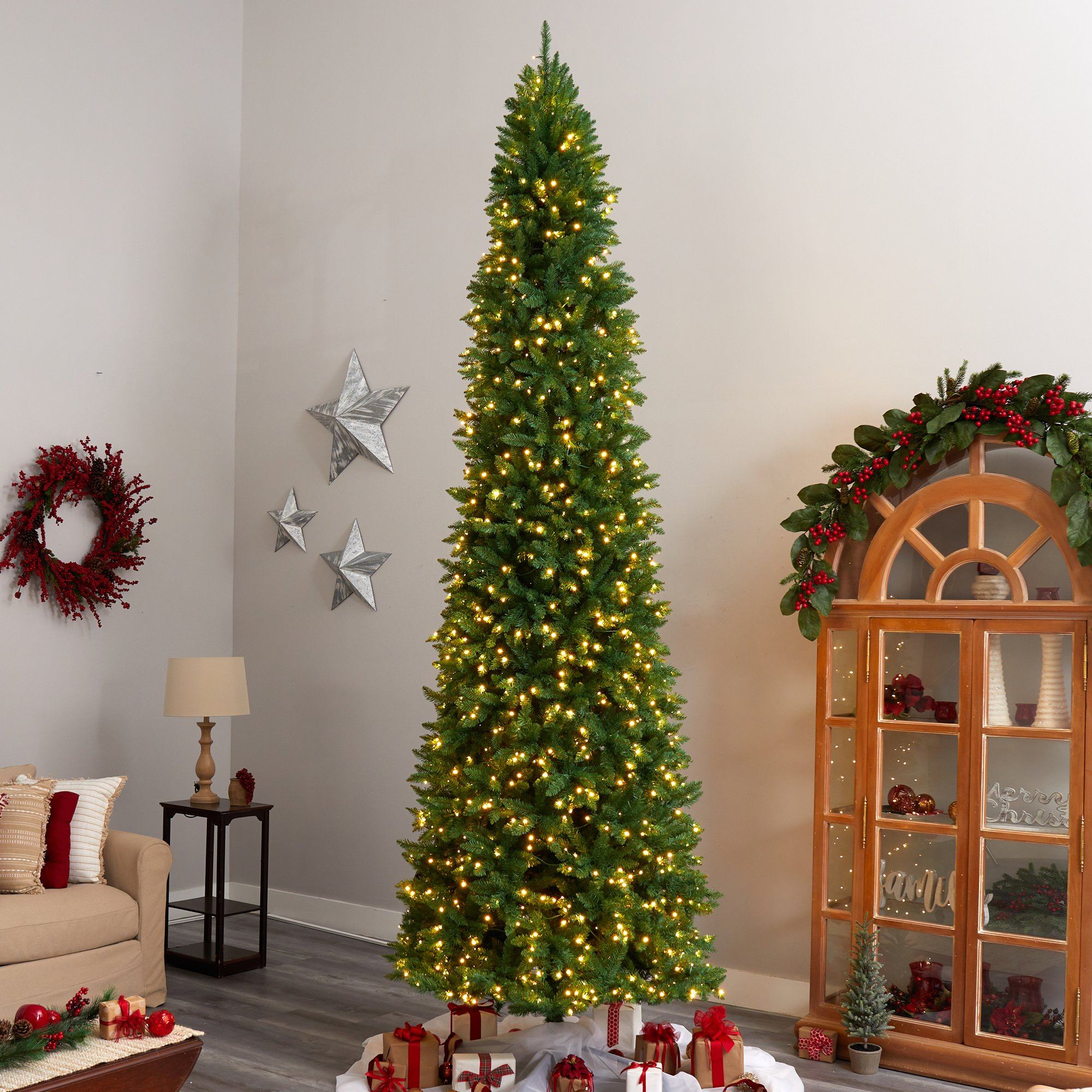 12' Slim Green Mountain Pine Artificial Christmas Tree with 1100 Clear LED Lights and 3235 Tips