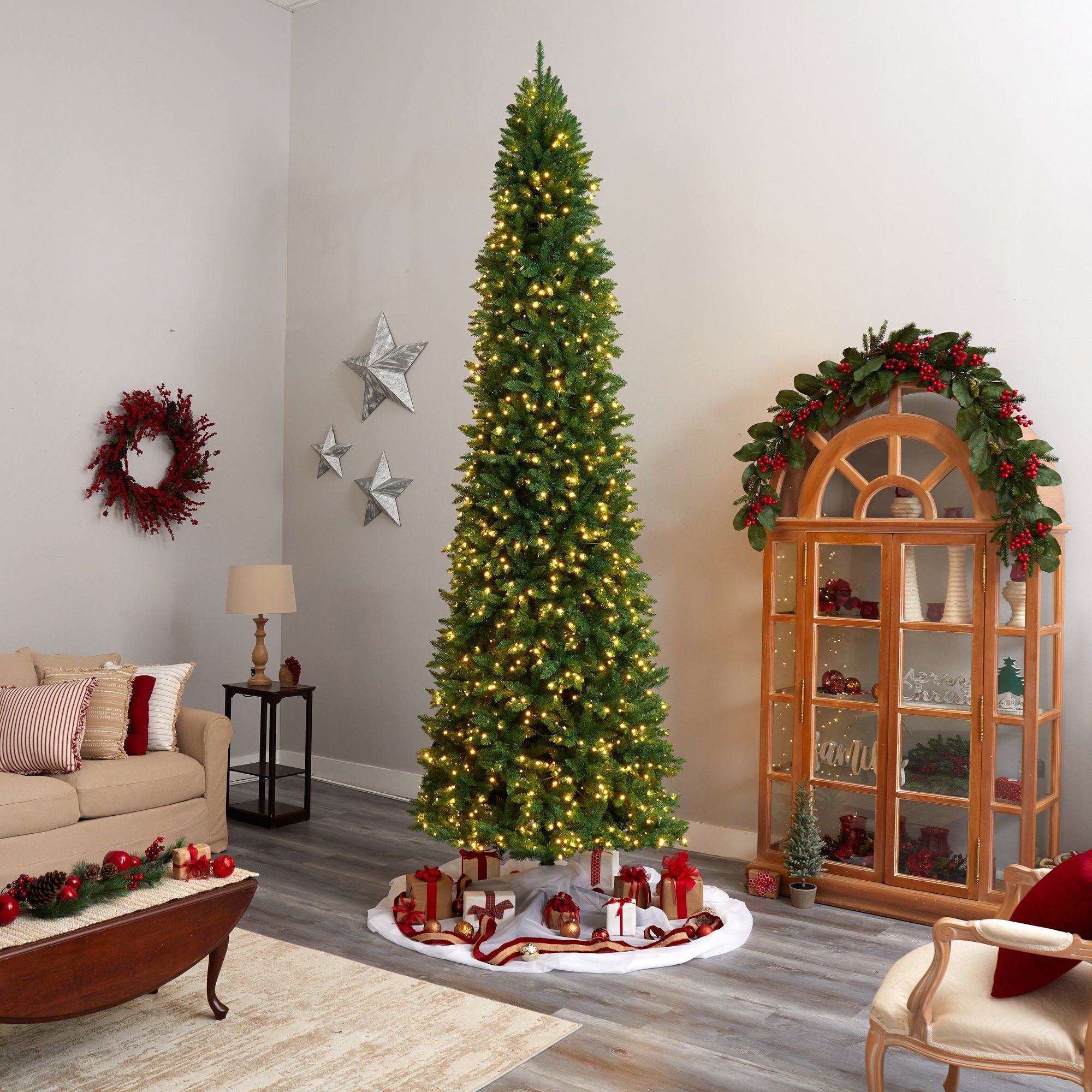 12' Slim Green Mountain Pine Artificial Christmas Tree with 1100 Clear LED Lights and 3235 Tips