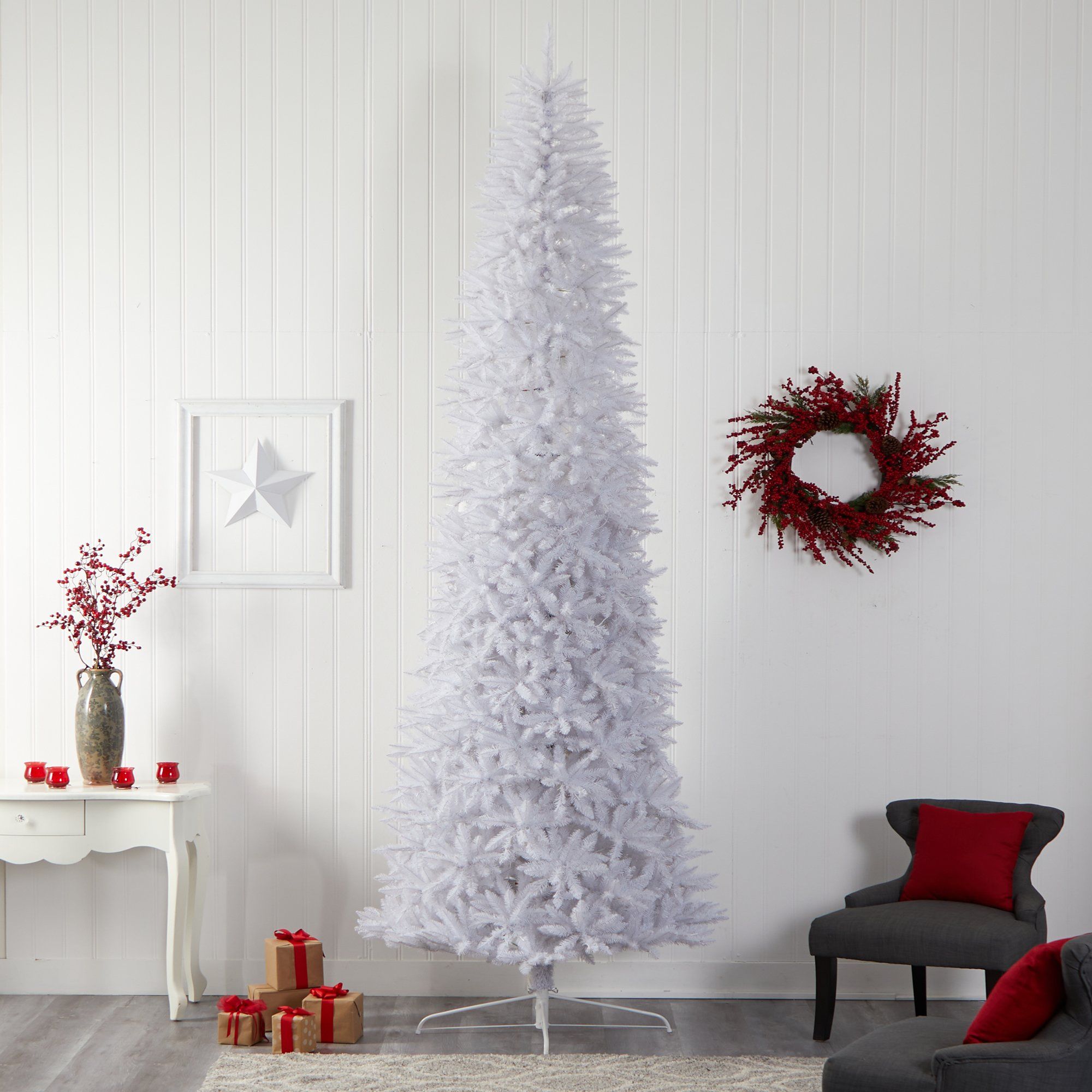 12' Slim White Artificial Christmas Tree with 1100 Warm White LED Lights and 3235 Bendable Branches