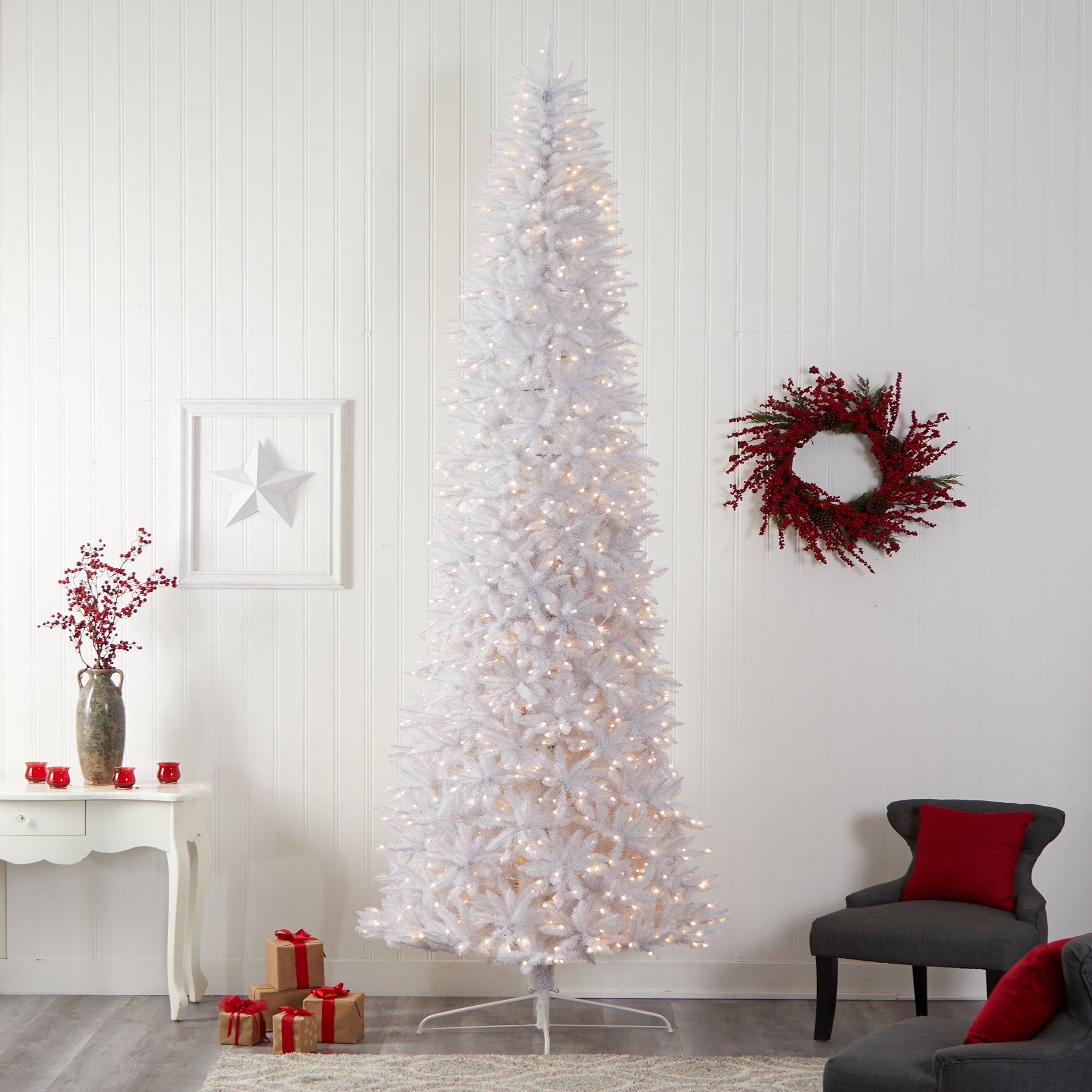 12' Slim White Artificial Christmas Tree with 1100 Warm White LED Lights and 3235 Bendable Branches
