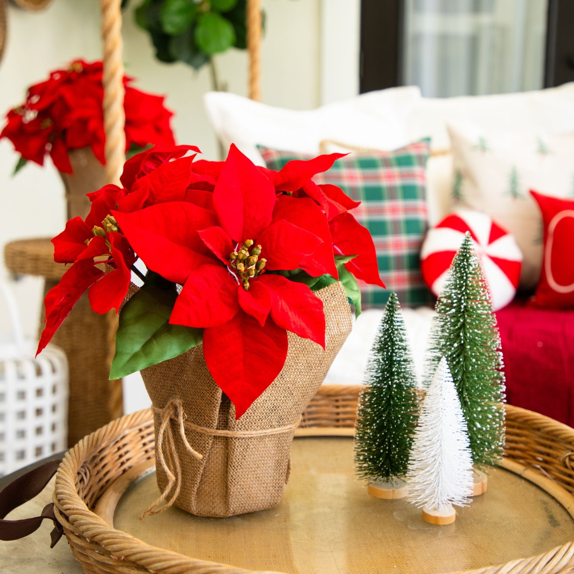 13” Artificial Red Velvet Poinsettia Arrangement in Burlap Planter