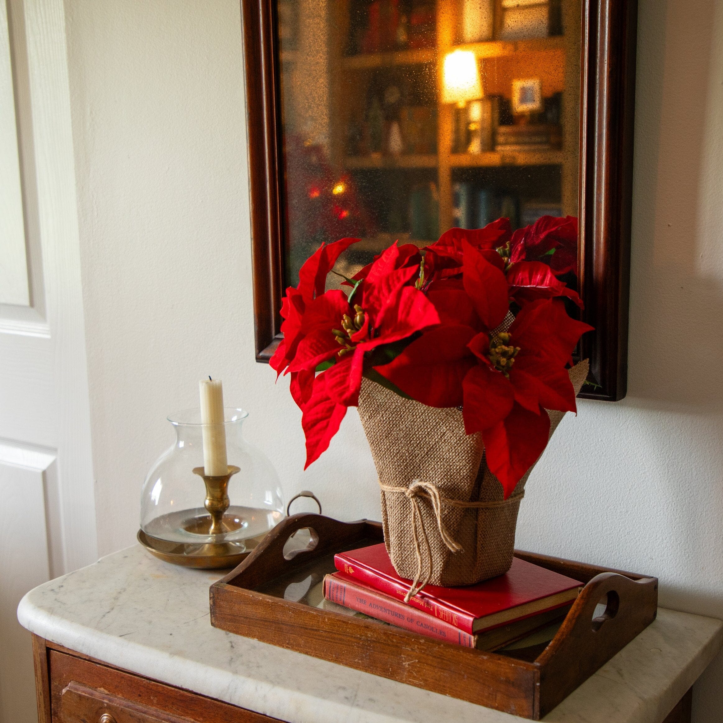 13” Artificial Red Velvet Poinsettia Arrangement in Burlap Planter