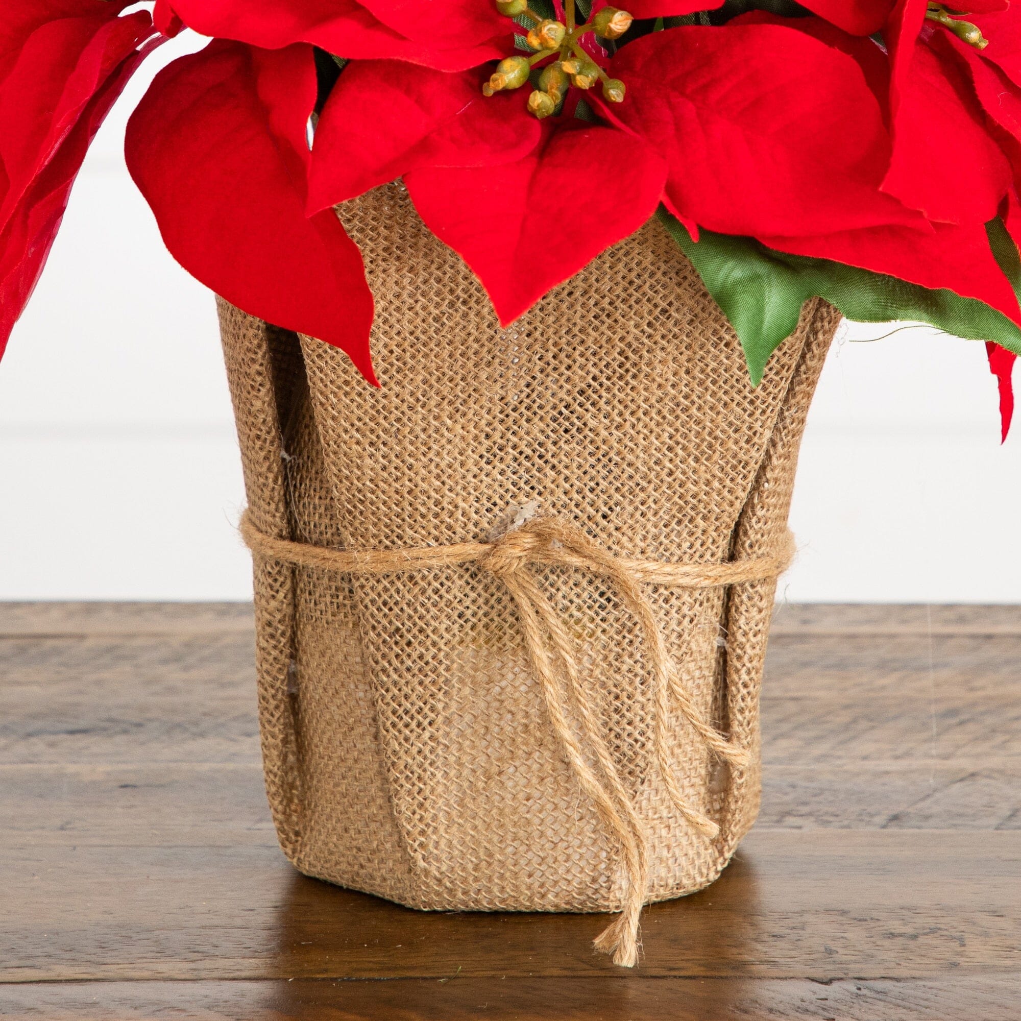 13” Artificial Red Velvet Poinsettia Arrangement in Burlap Planter
