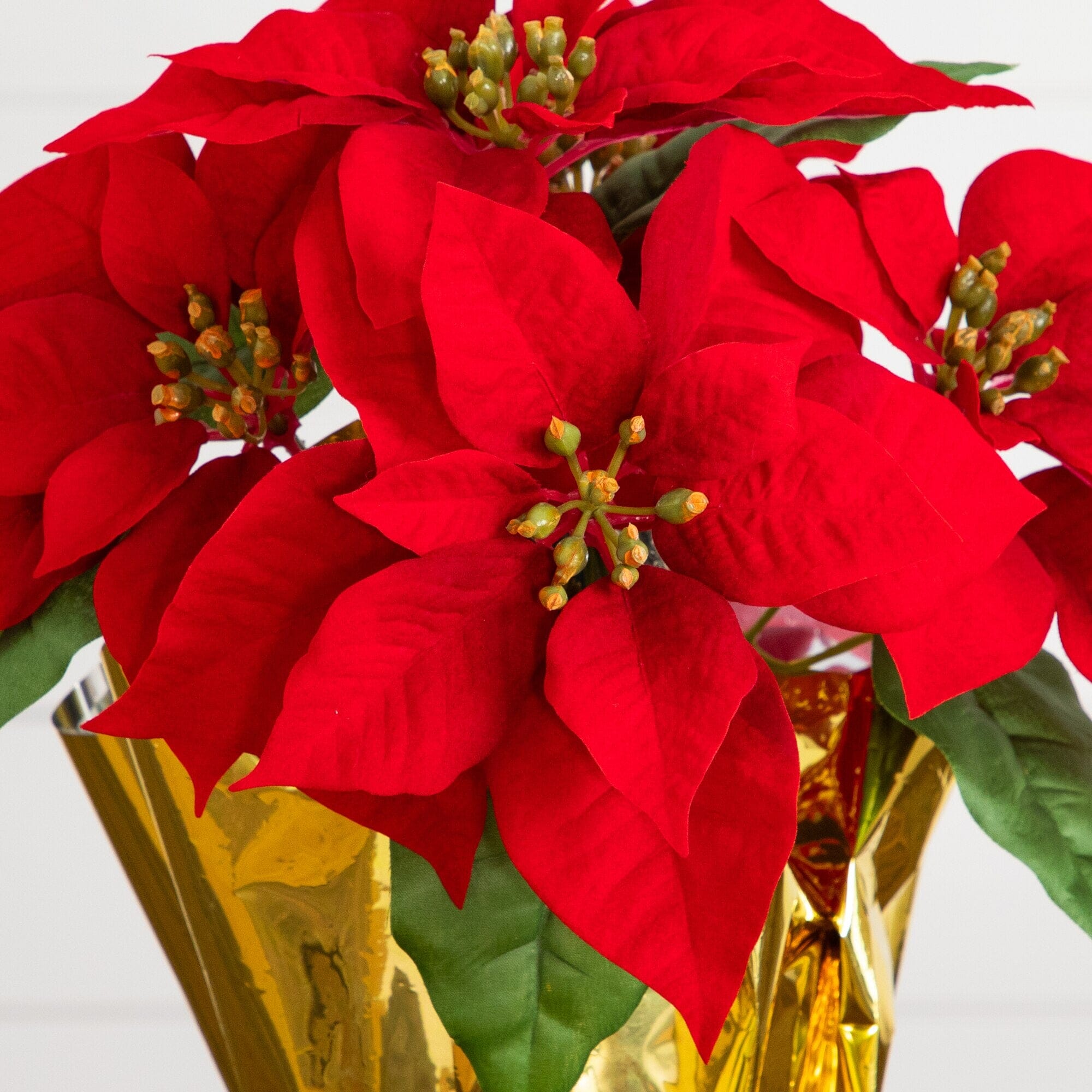 13” Artificial Red Velvet Poinsettia Arrangement in Gold Wrapped Planter - Set of 2