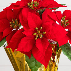13” Artificial Red Velvet Poinsettia Arrangement in Gold Wrapped Planter - Set of 2
