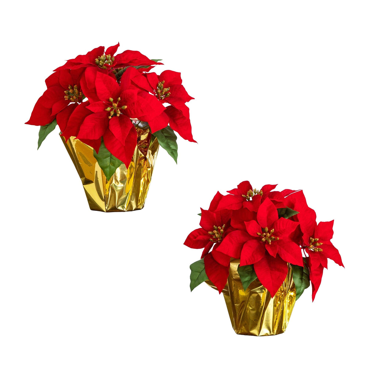 13” Artificial Red Velvet Poinsettia Arrangement in Gold Wrapped Planter - Set of 2