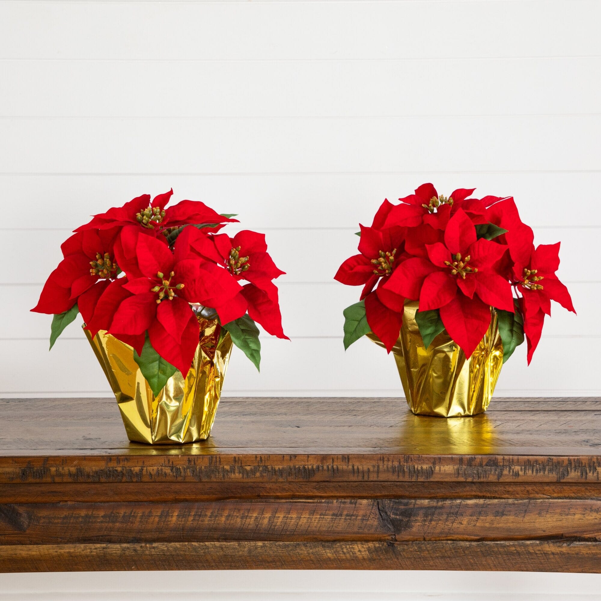 13” Artificial Red Velvet Poinsettia Arrangement in Gold Wrapped Planter - Set of 2