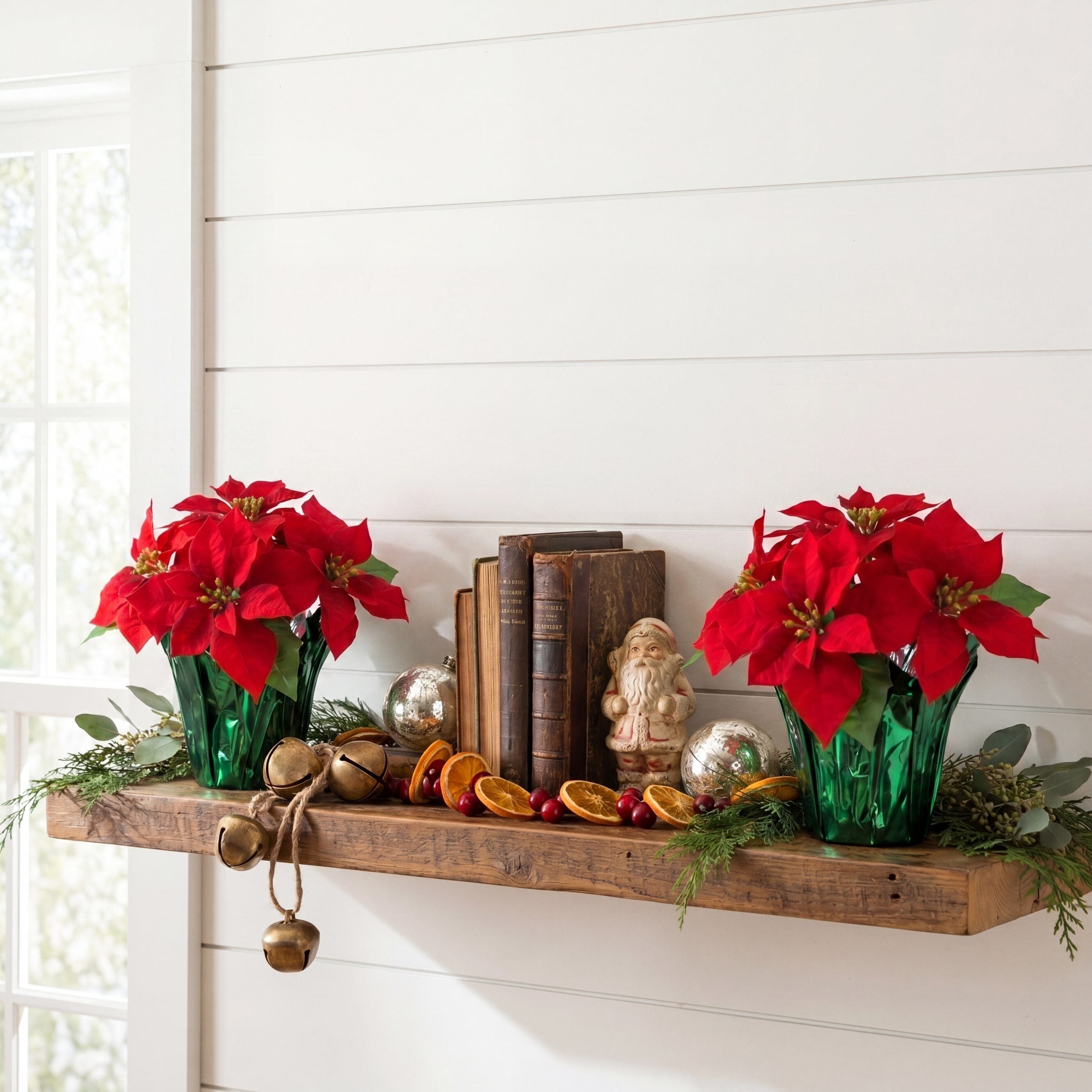 13” Artificial Red Velvet Poinsettia Arrangement in Green Wrapped Planter - Set of 2