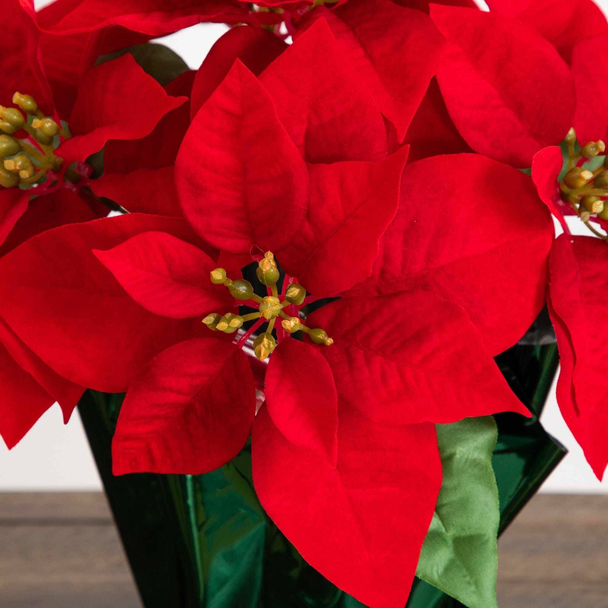 13” Artificial Red Velvet Poinsettia Arrangement in Green Wrapped Planter - Set of 2