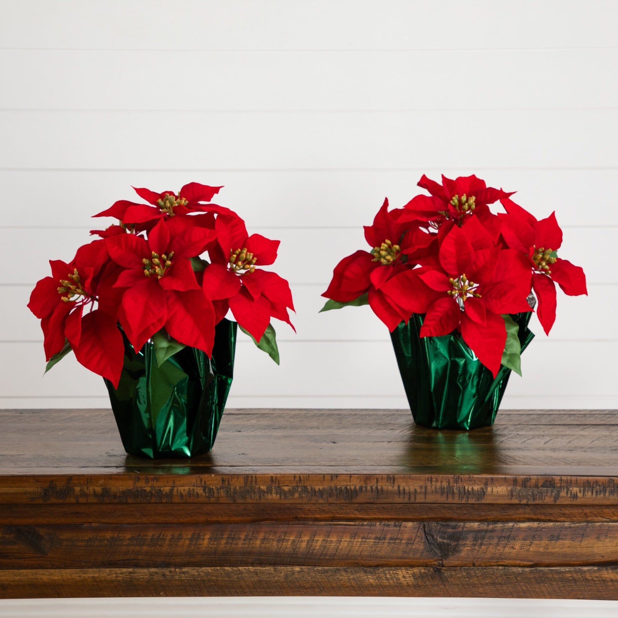 13” Artificial Red Velvet Poinsettia Arrangement in Green Wrapped Planter - Set of 2
