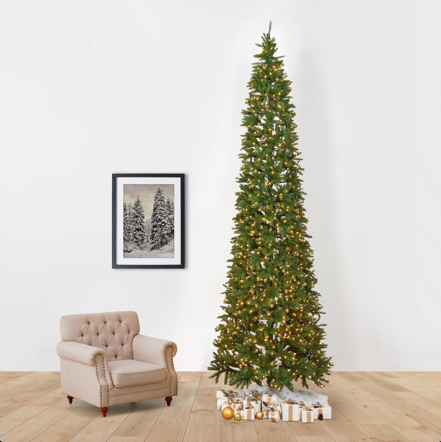 13' Artificial Slim Green Mountain Pine Christmas Tree with 1360 Warm White LED Lights and 3924 Bendable Branches