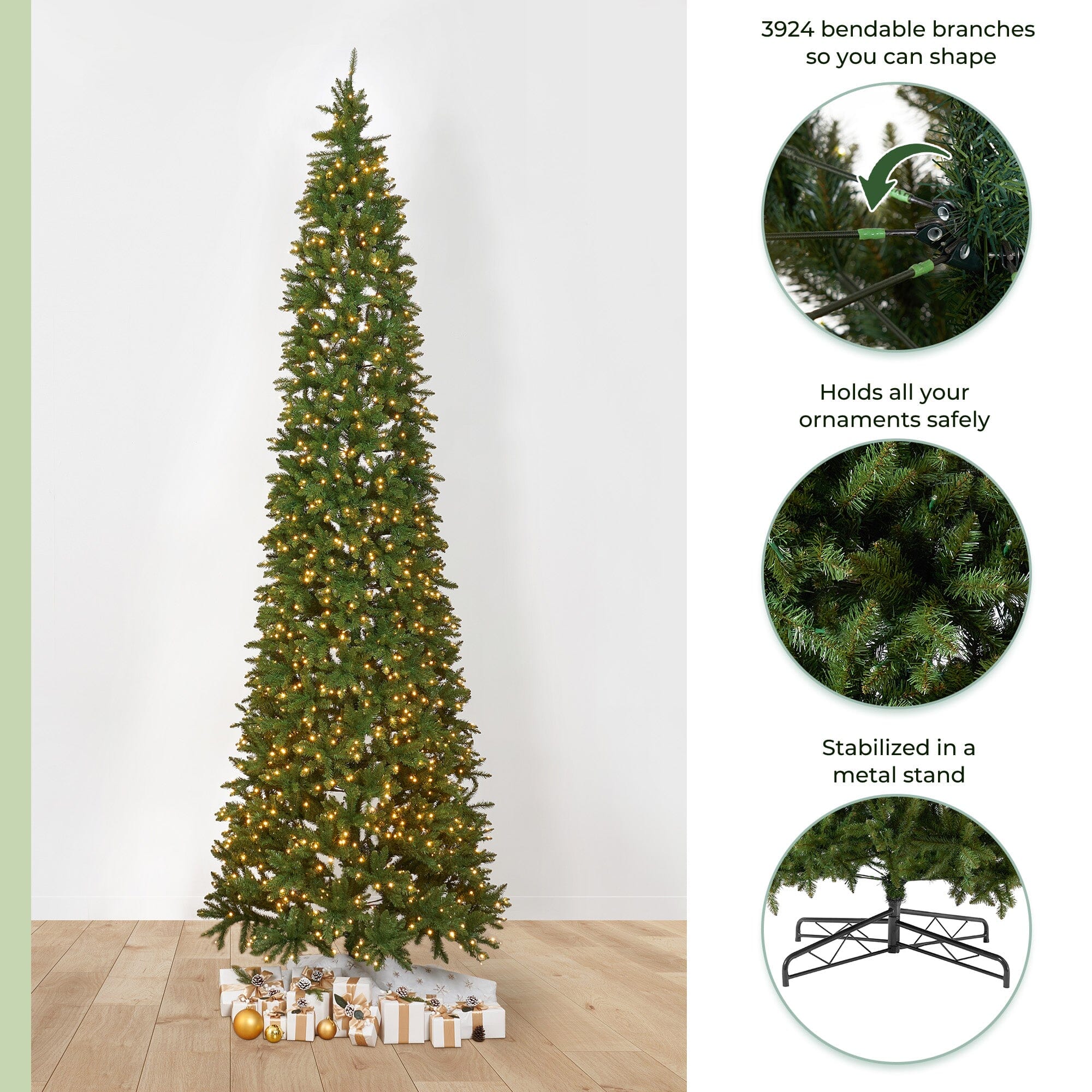13' Artificial Slim Green Mountain Pine Christmas Tree with 1360 Warm White LED Lights and 3924 Bendable Branches