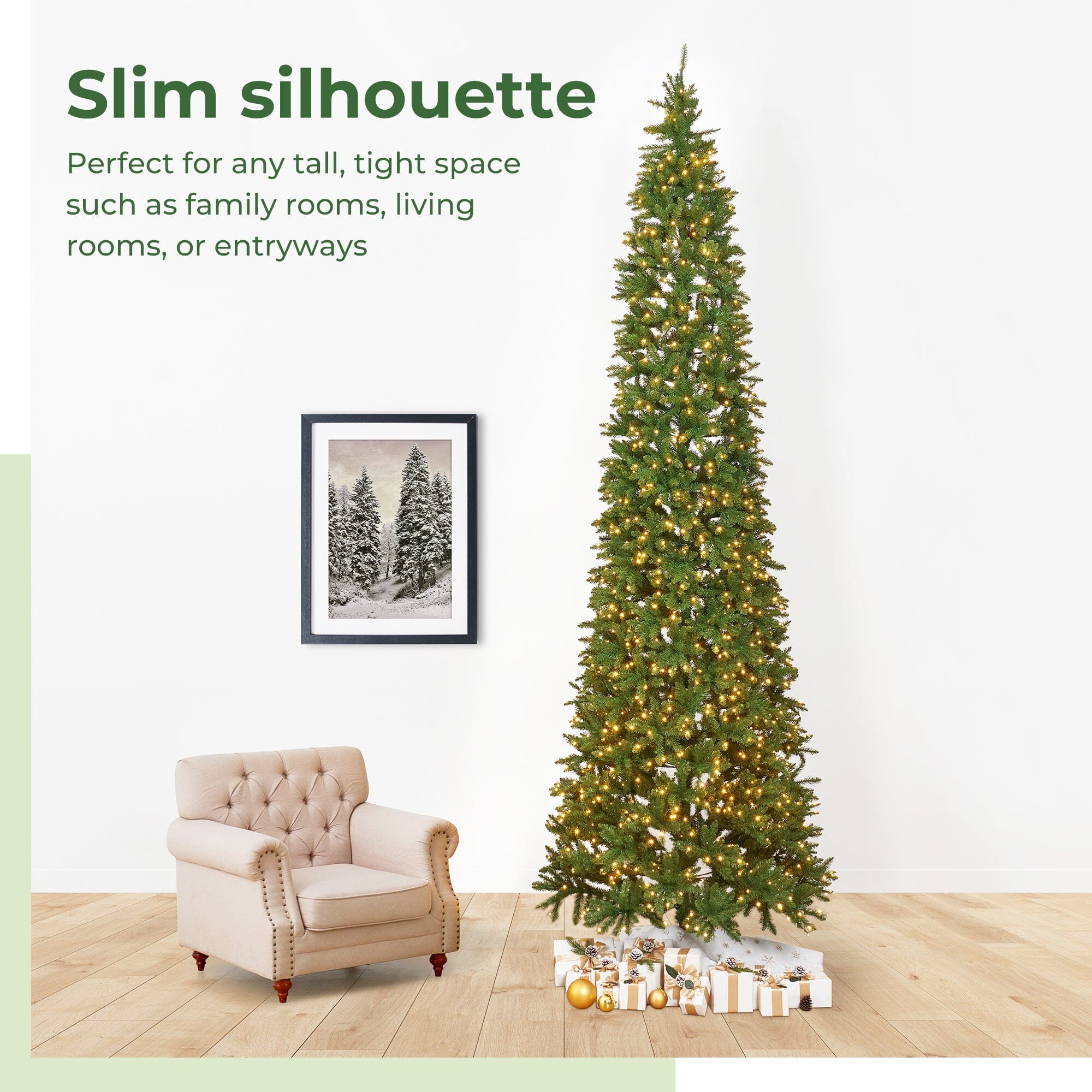 13' Artificial Slim Green Mountain Pine Christmas Tree with 1360 Warm White LED Lights and 3924 Bendable Branches