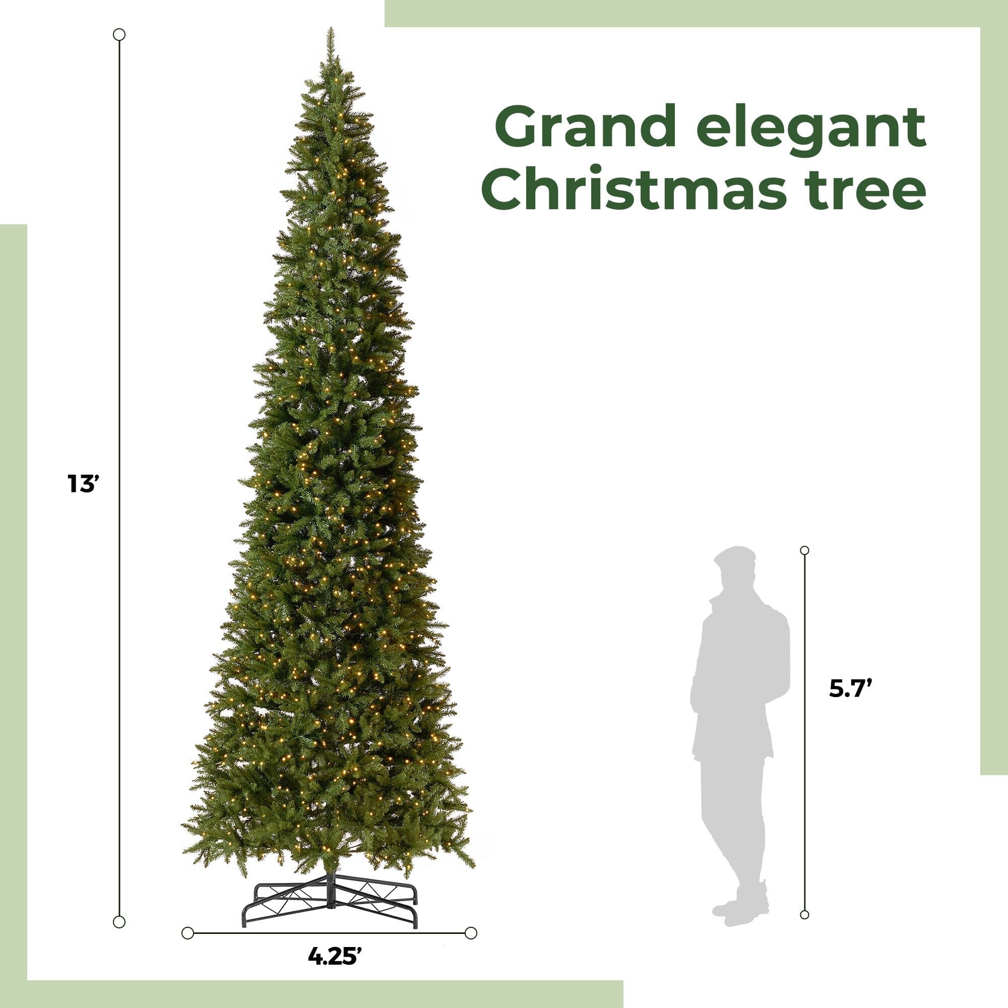 13' Artificial Slim Green Mountain Pine Christmas Tree with 1360 Warm White LED Lights and 3924 Bendable Branches