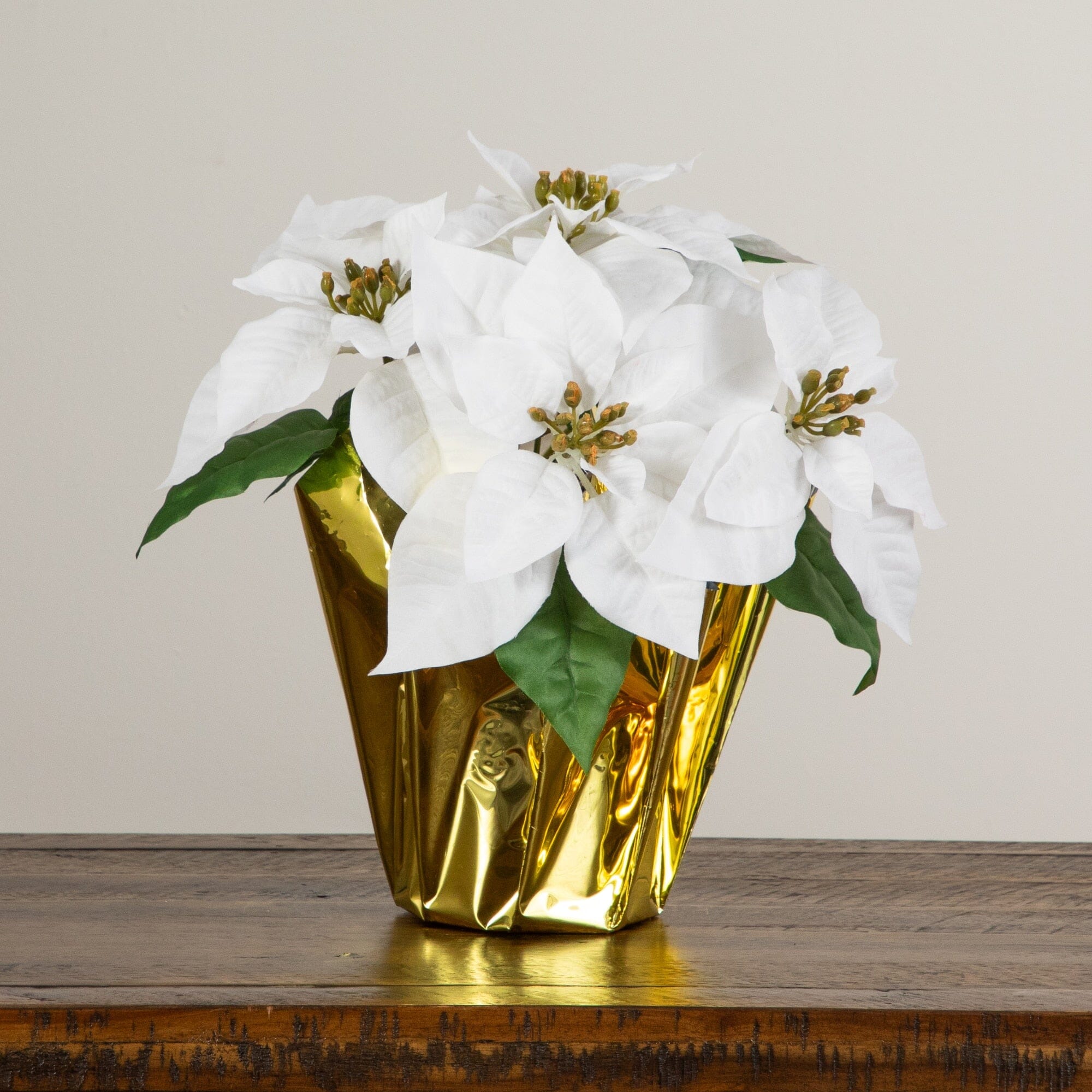 13” Artificial White Velvet Poinsettia Arrangement in Gold Wrapped Planter