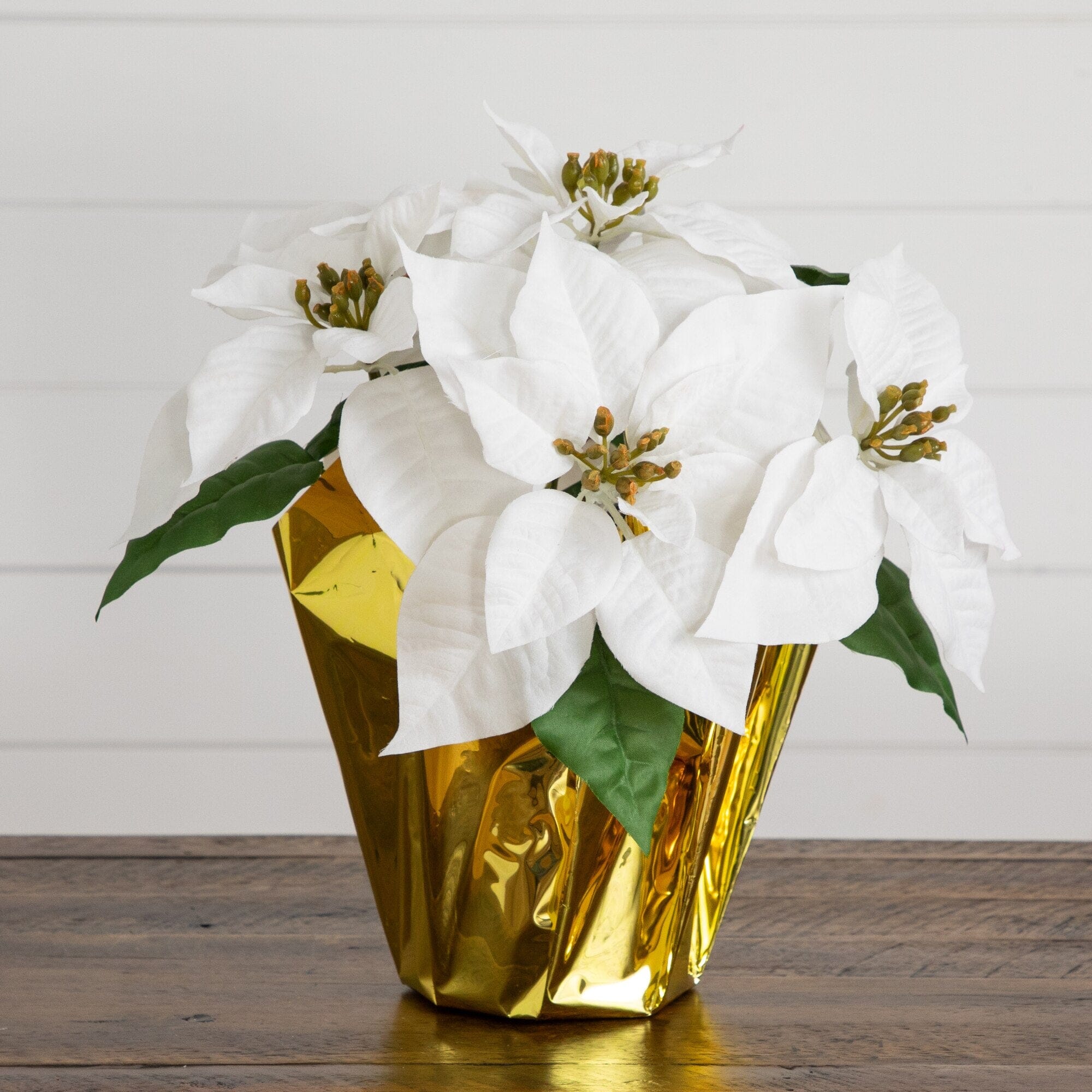 13” Artificial White Velvet Poinsettia Arrangement in Gold Wrapped Planter