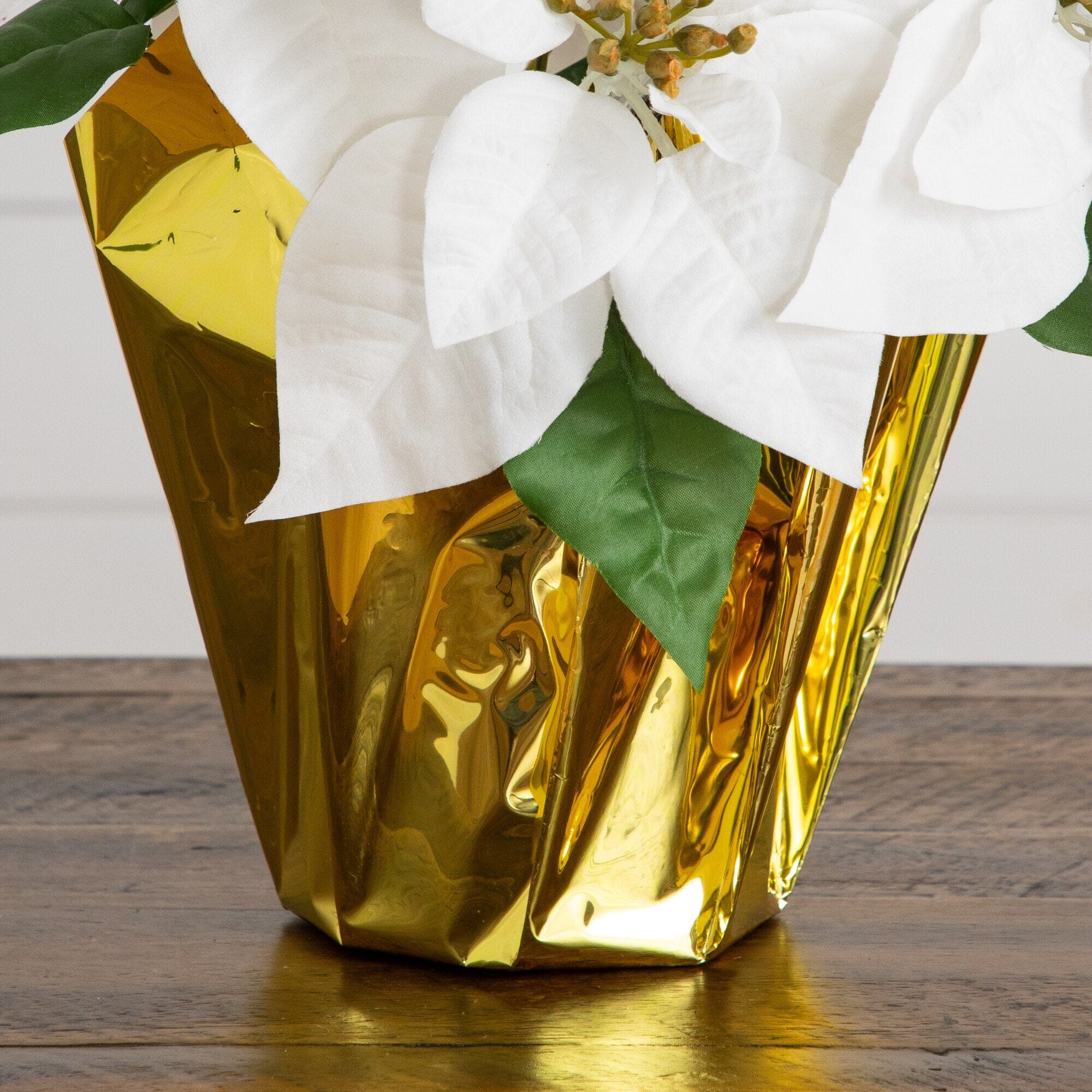 13” Artificial White Velvet Poinsettia Arrangement in Gold Wrapped Planter