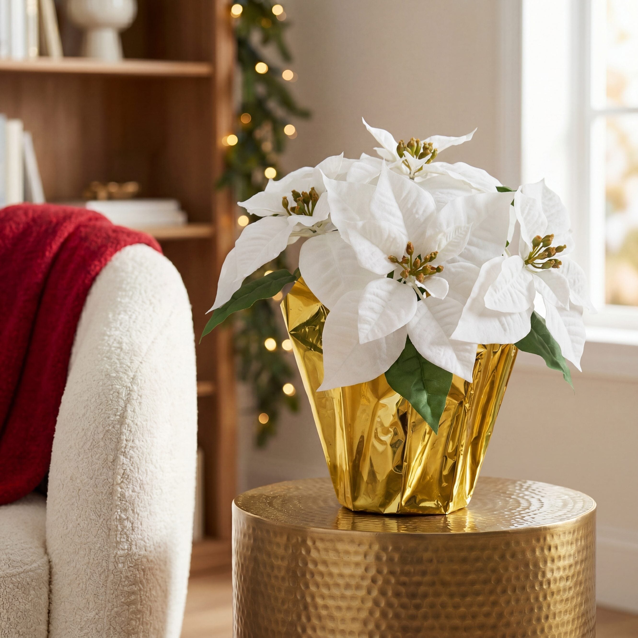 13” Artificial White Velvet Poinsettia Arrangement in Gold Wrapped Planter