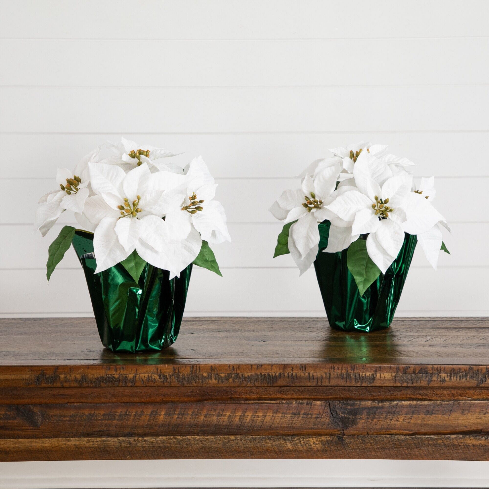 13” Artificial White Velvet Poinsettia Arrangement in Green Wrapped Planter - Set of 2