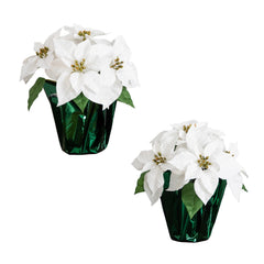 13” Artificial White Velvet Poinsettia Arrangement in Green Wrapped Planter - Set of 2