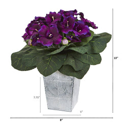 13” Gloxinia Artificial Plant in Embossed White Planter