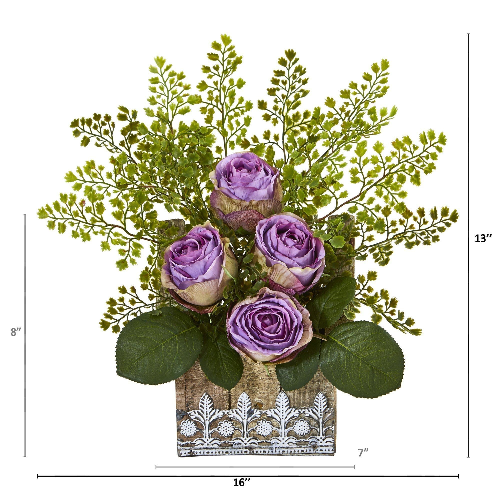 13” Rose and Maiden Hair Arrangement in Hanging Planter