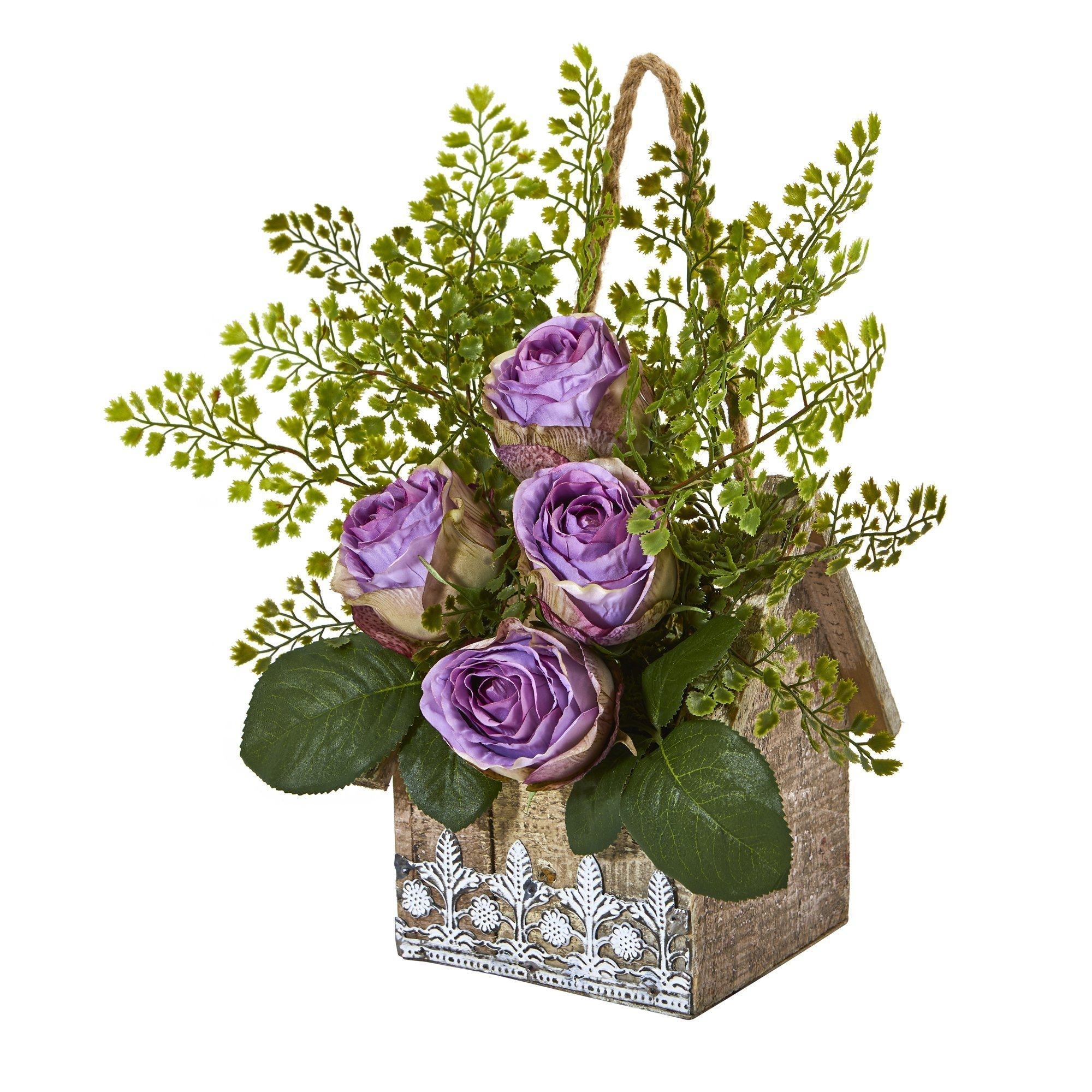 13” Rose and Maiden Hair Arrangement in Hanging Planter