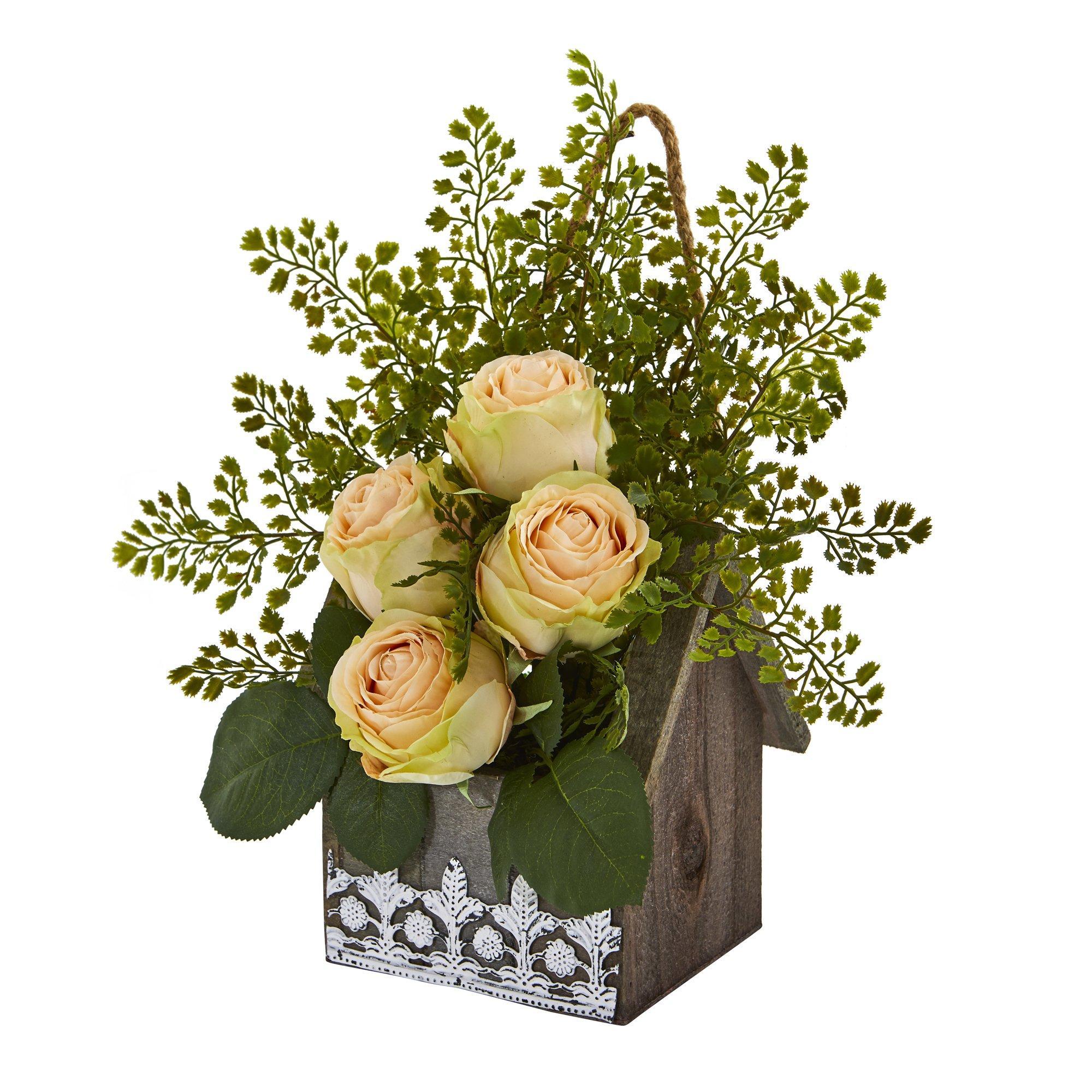 13” Rose and Maiden Hair Arrangement in Hanging Planter