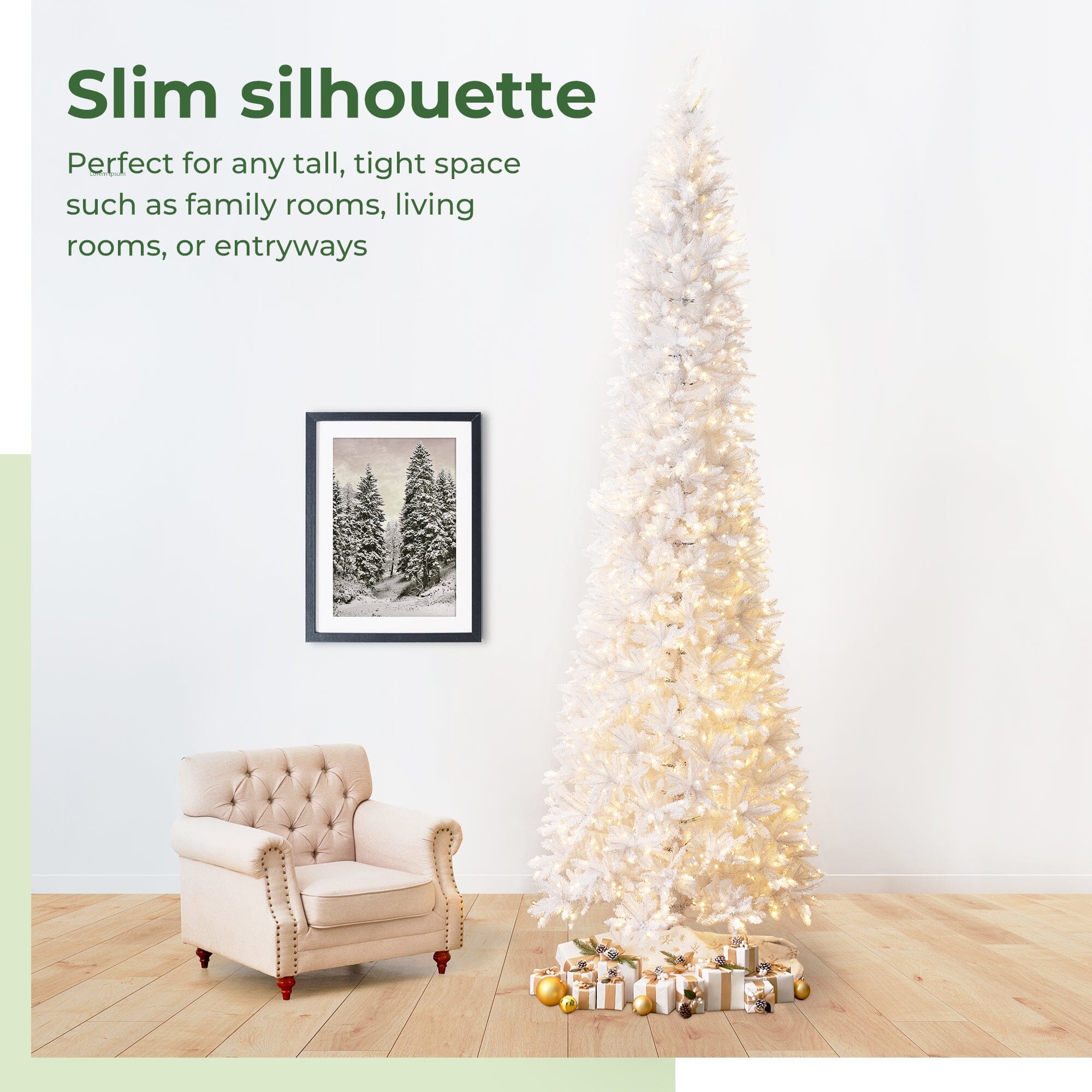 13' Slim White Artificial Christmas Tree with 1350 Warm White LED Lights and 3924 Bendable Branches