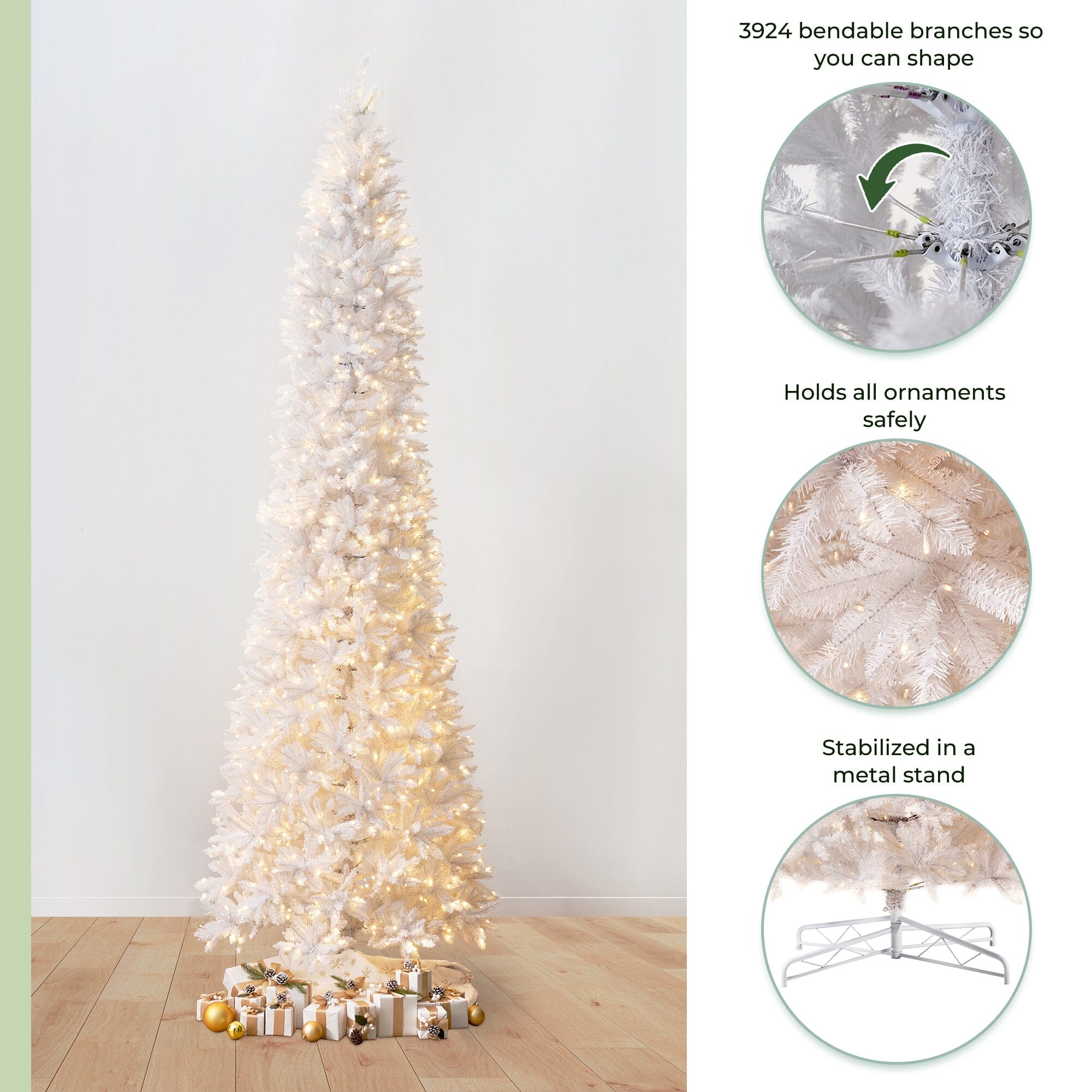 13' Slim White Artificial Christmas Tree with 1350 Warm White LED Lights and 3924 Bendable Branches