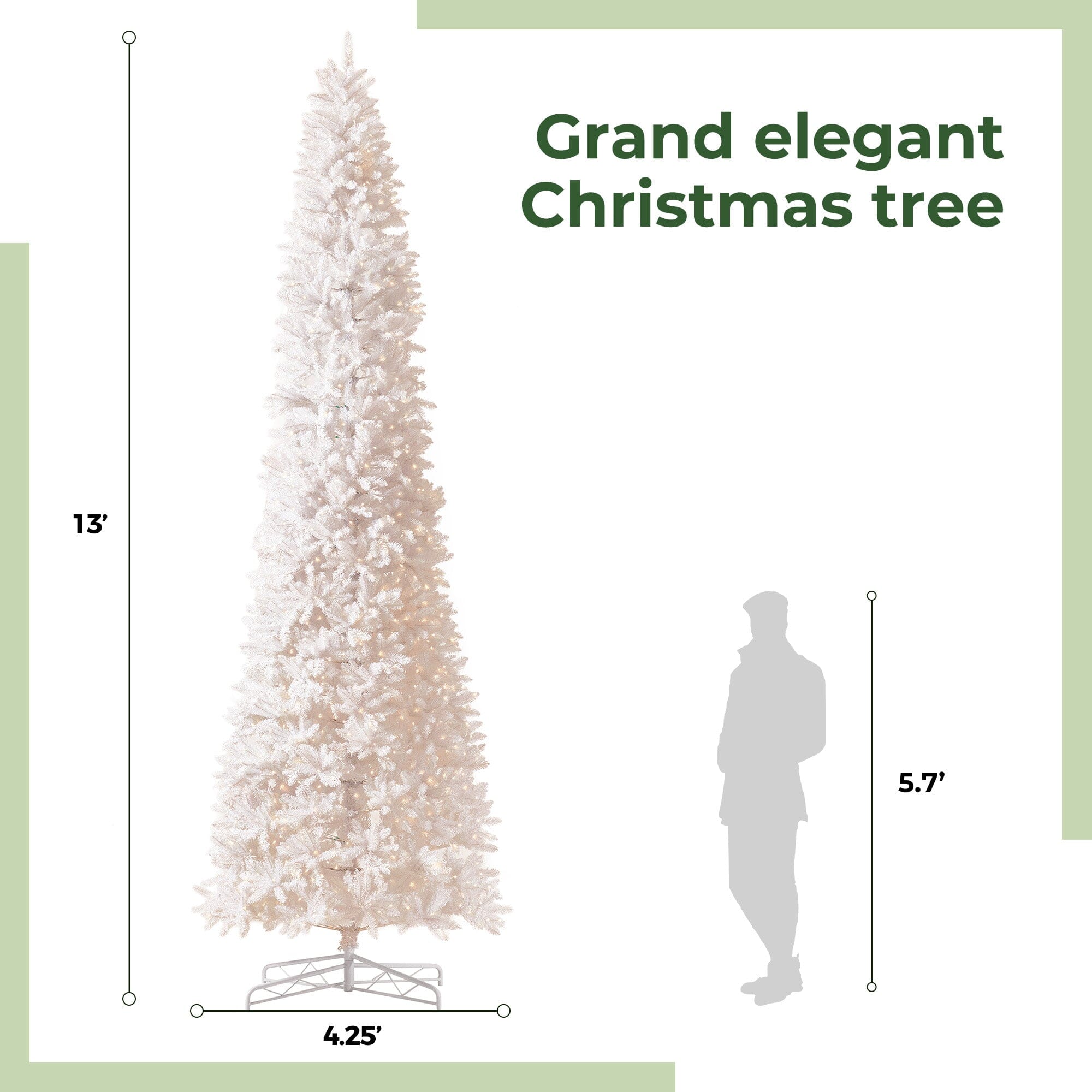 13' Slim White Artificial Christmas Tree with 1350 Warm White LED Lights and 3924 Bendable Branches