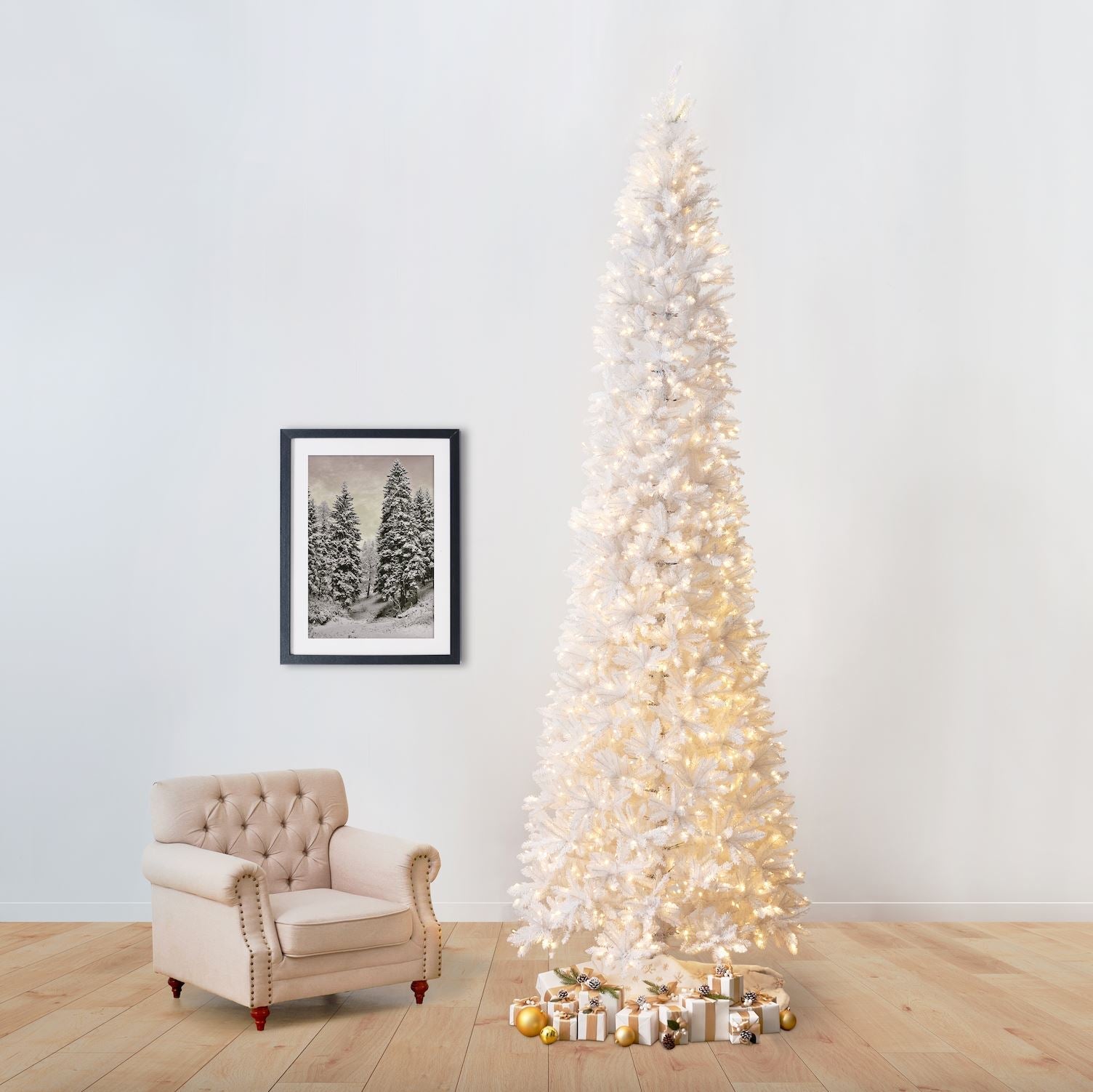 13' Slim White Artificial Christmas Tree with 1350 Warm White LED Lights and 3924 Bendable Branches
