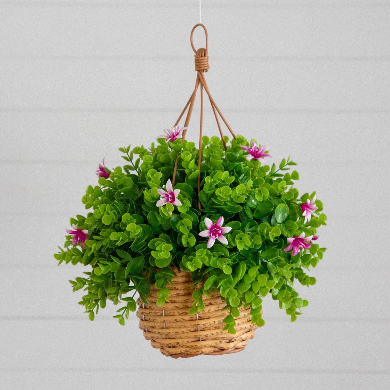 13” UV Resistant Artificial Lily and Eucalyptus Woven Hanging Basket (Indoor/Outdoor)