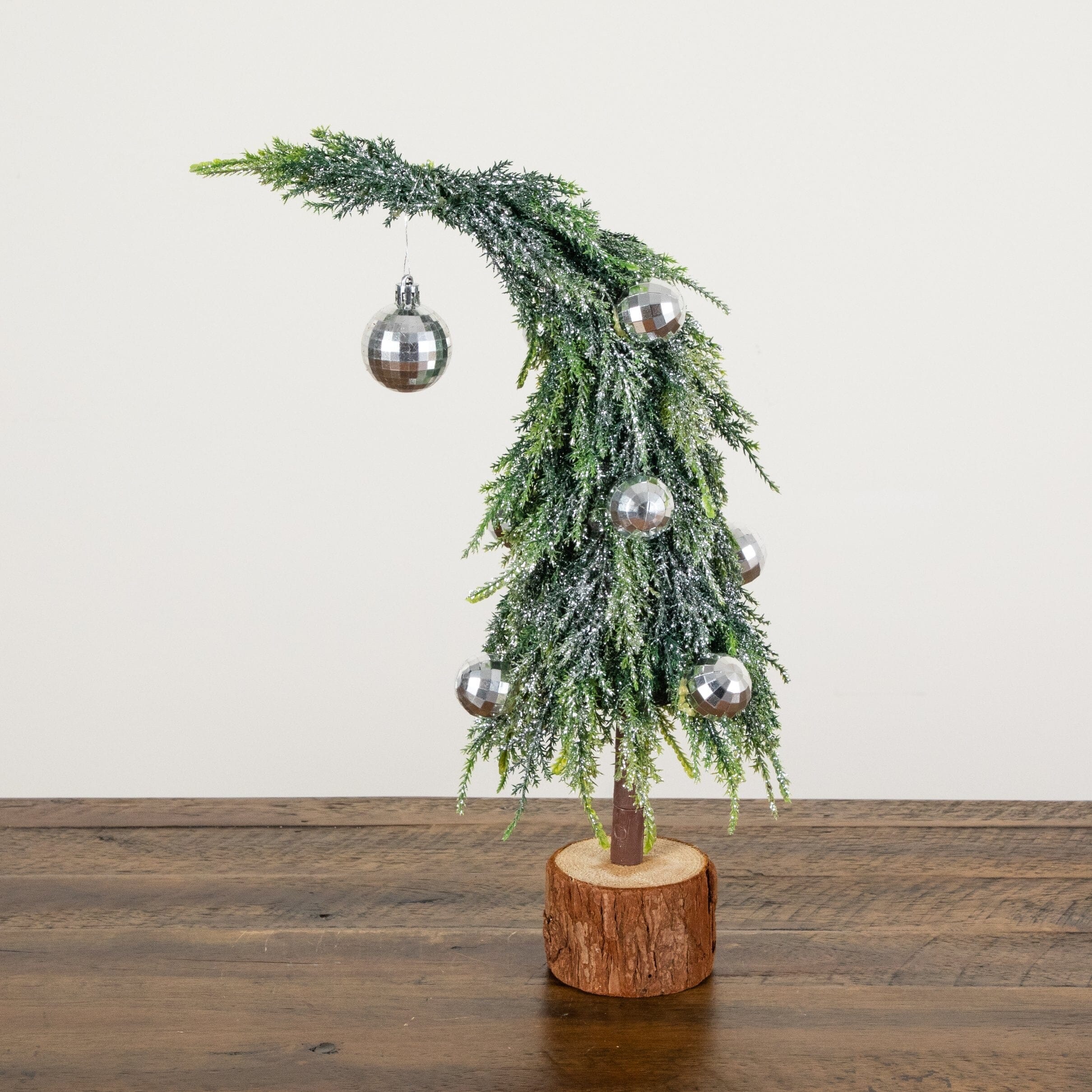 14” Artificial Snowed Santa's Hat Christmas Tree with Ornaments in Wooden Trunk Base