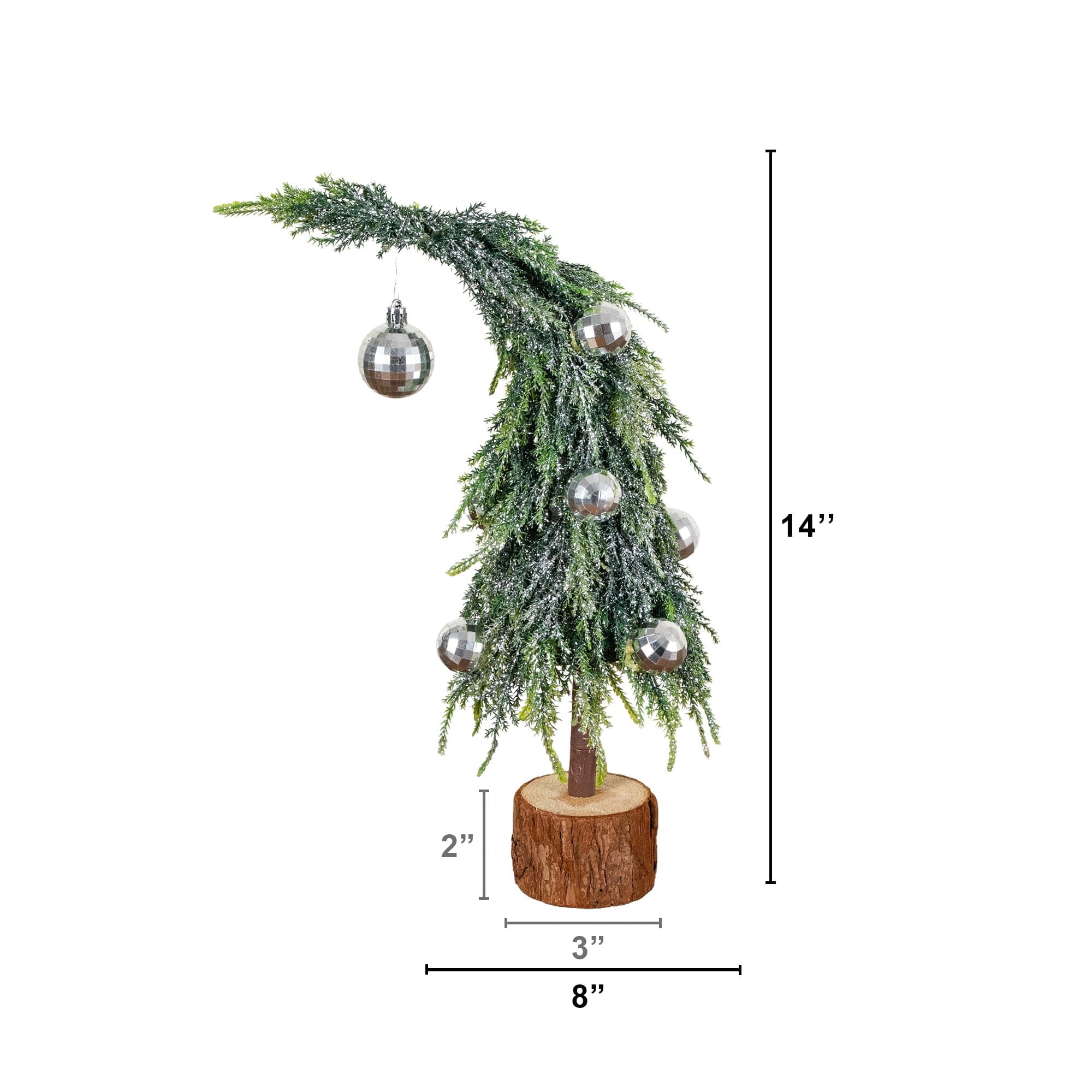 14” Artificial Snowed Santa's Hat Christmas Tree with Ornaments in Wooden Trunk Base