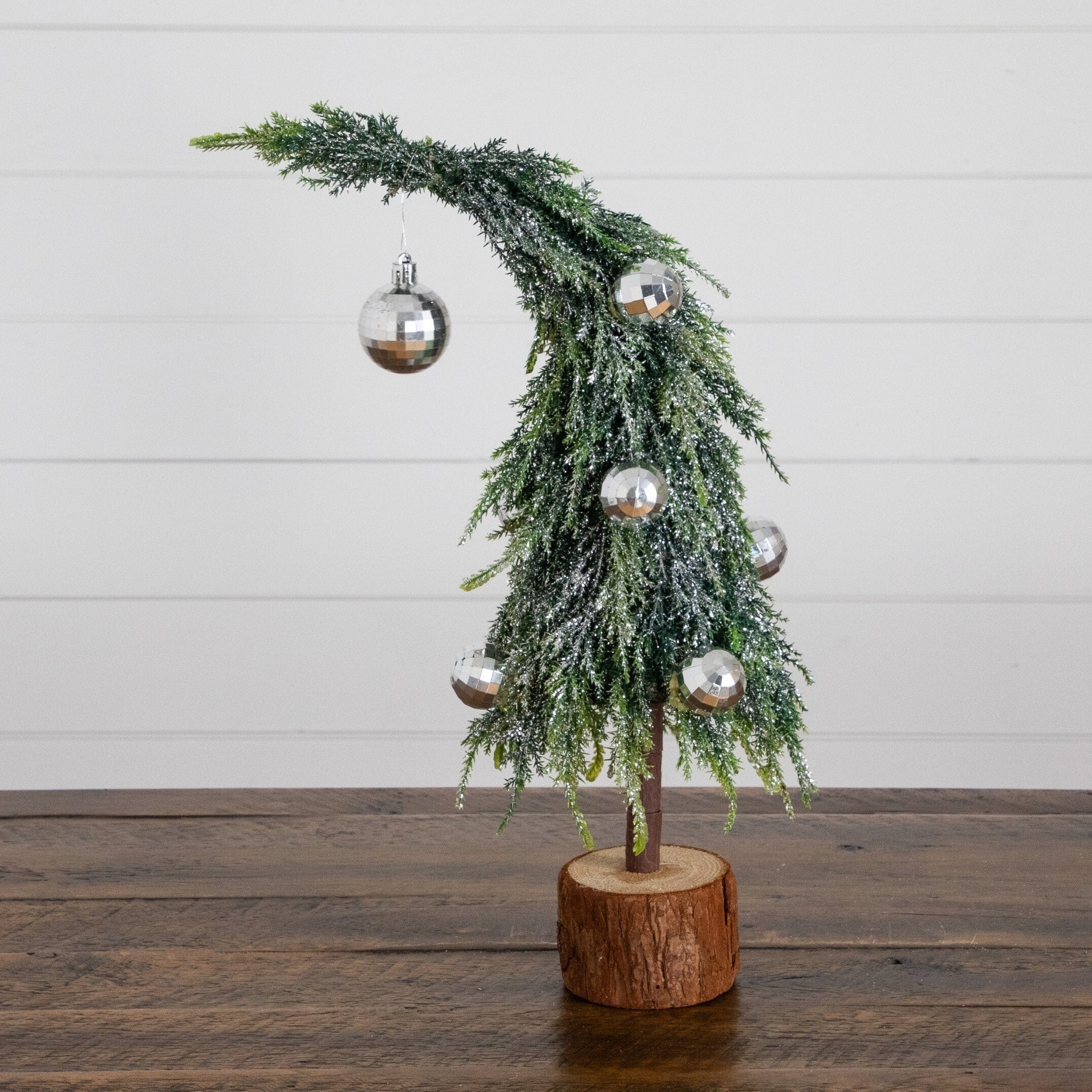 14” Artificial Snowed Santa's Hat Christmas Tree with Ornaments in Wooden Trunk Base