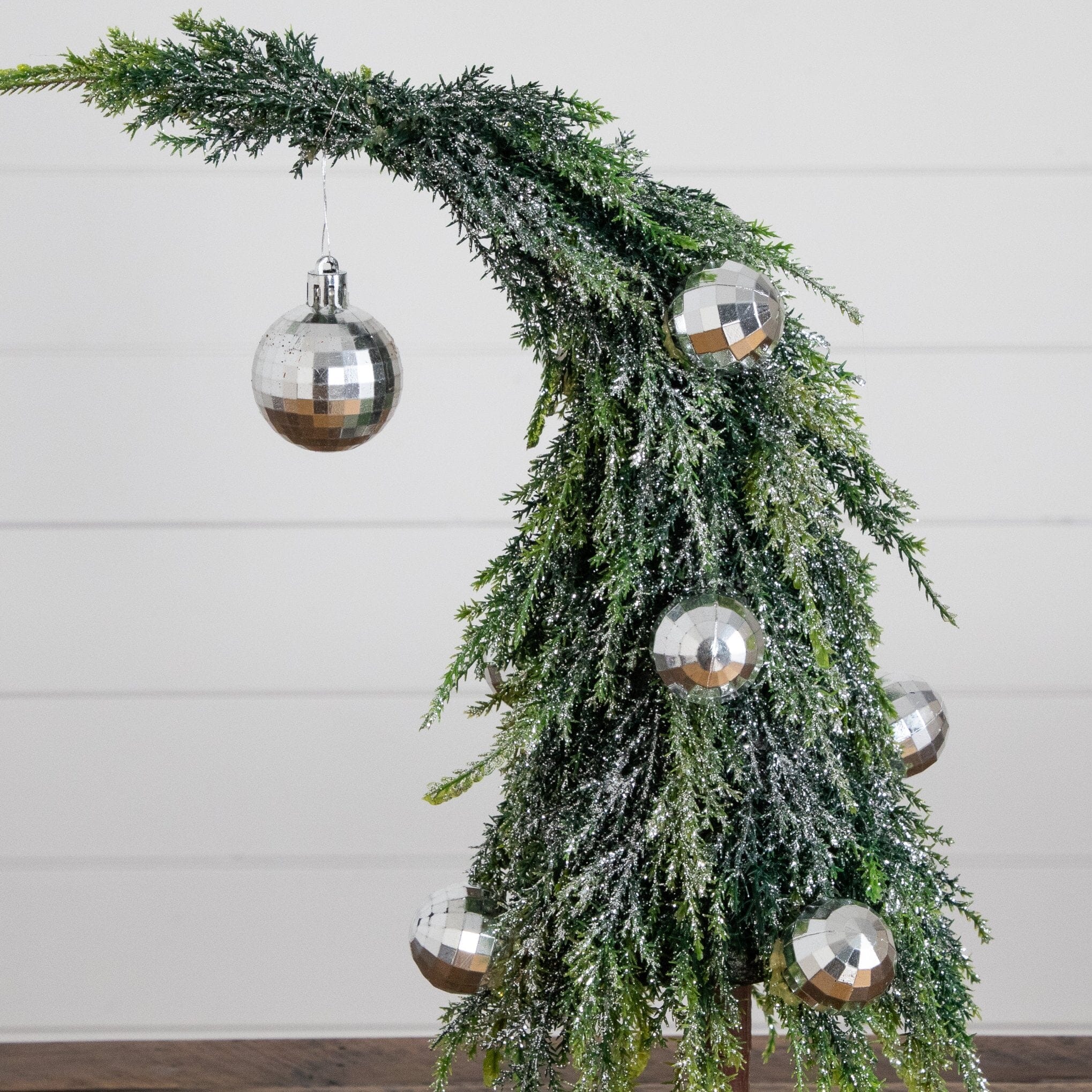 14” Artificial Snowed Santa's Hat Christmas Tree with Ornaments in Wooden Trunk Base