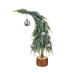 14” Artificial Snowed Santa's Hat Christmas Tree with Ornaments in Wooden Trunk Base